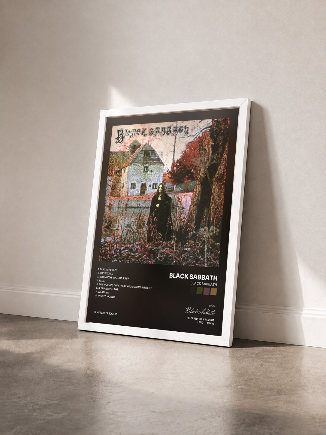 #blanc Tableau de l'album Black Sabbath de Black Sabbath vu de trois quarts, cadre blanc