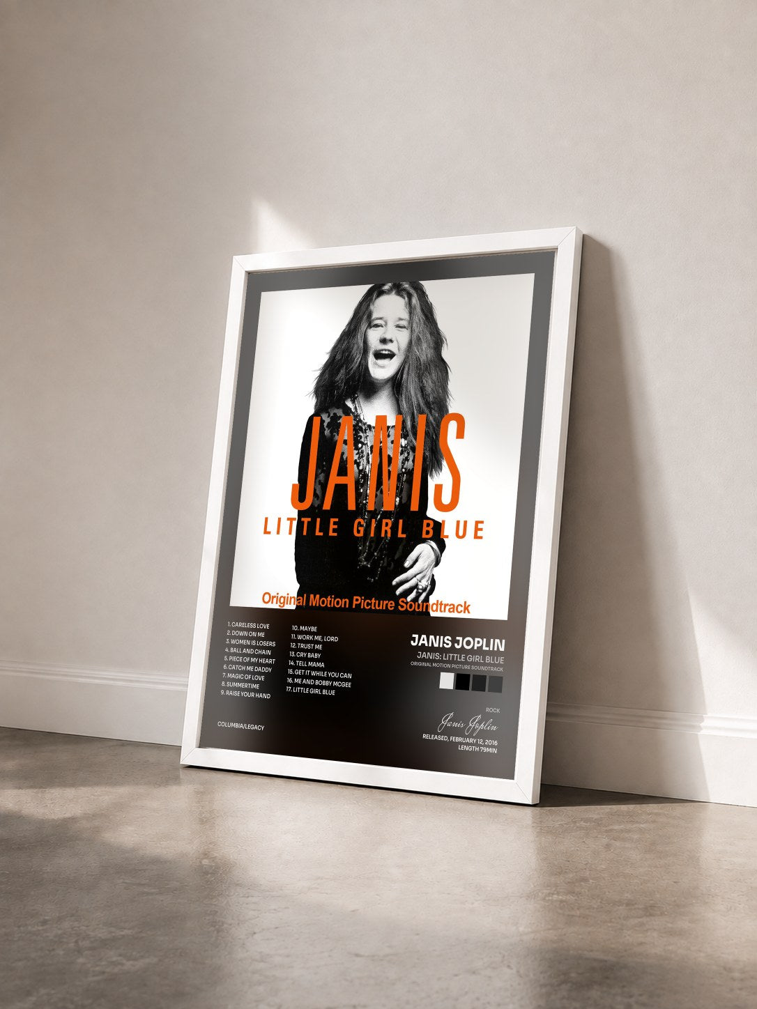#blanc Janis: Little Girl Blue (Original Motion Picture Soundtrack) by Janis Joplin as a framed art print seen at an angle, white frame