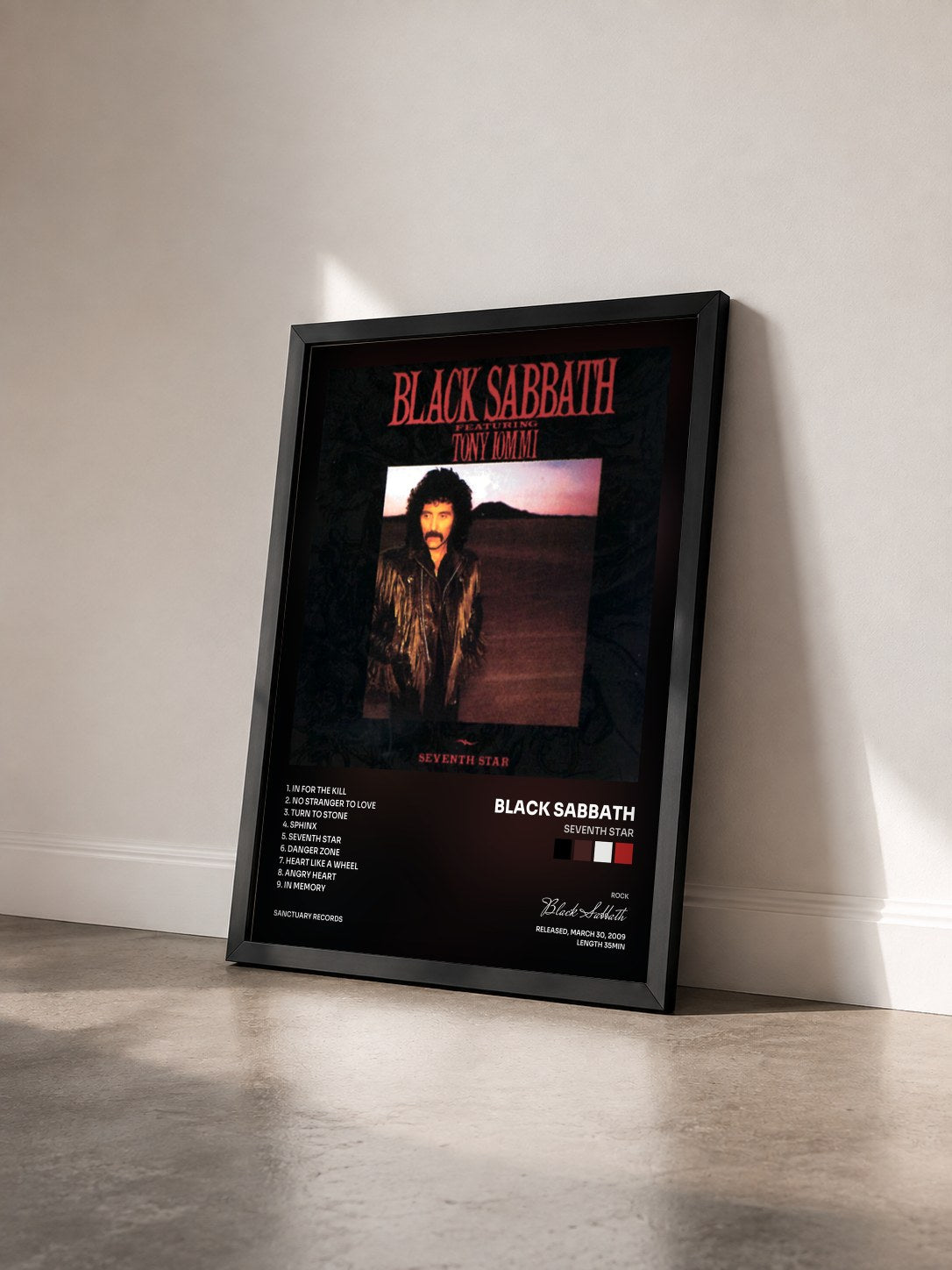 #noir Tableau de l'album Seventh Star de Black Sabbath vu de trois quarts, cadre noir