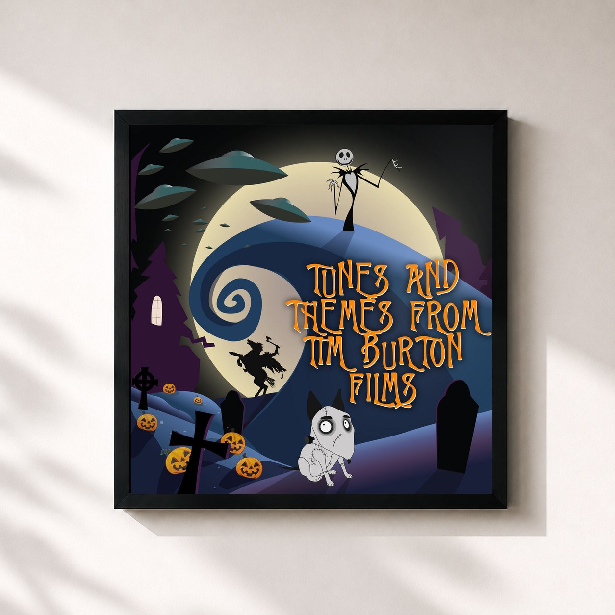 #noir Tableau carré de l'album Tunes and Themes from Tim Burton Films de L'orchestra Cinematique, cadre noir 32x32 cm
