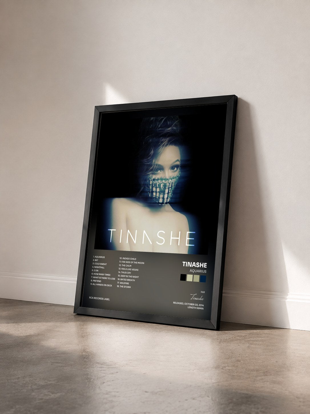 #noir Tableau de l'album Aquarius de Tinashe vu de trois quarts, cadre noir