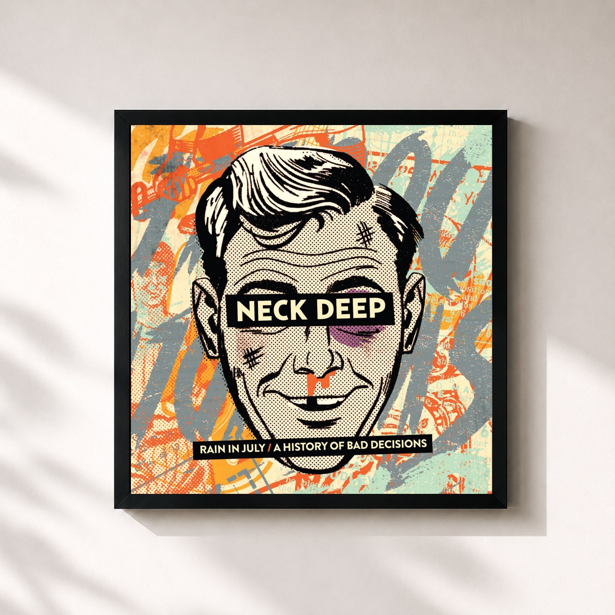 #noir Tableau carré de l'album Rain In July / A History Of Bad Decisions de Neck Deep, cadre noir 32x32 cm