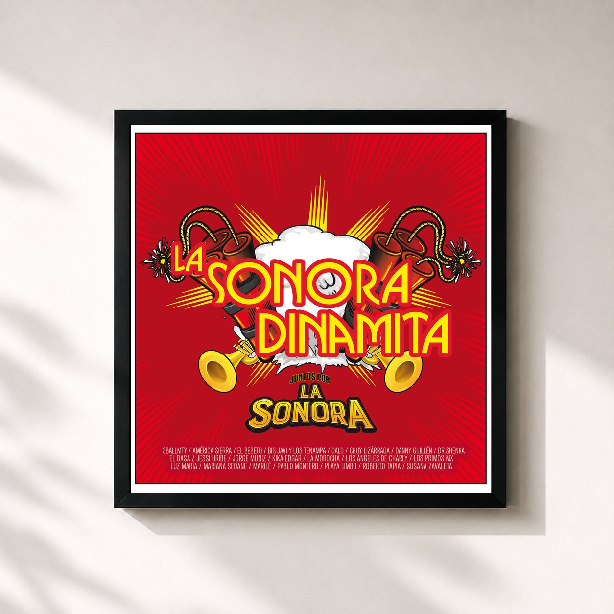 #noir Tableau carré de l'album Juntos Por La Sonora de La Sonora Dinamita, cadre noir 32x32 cm