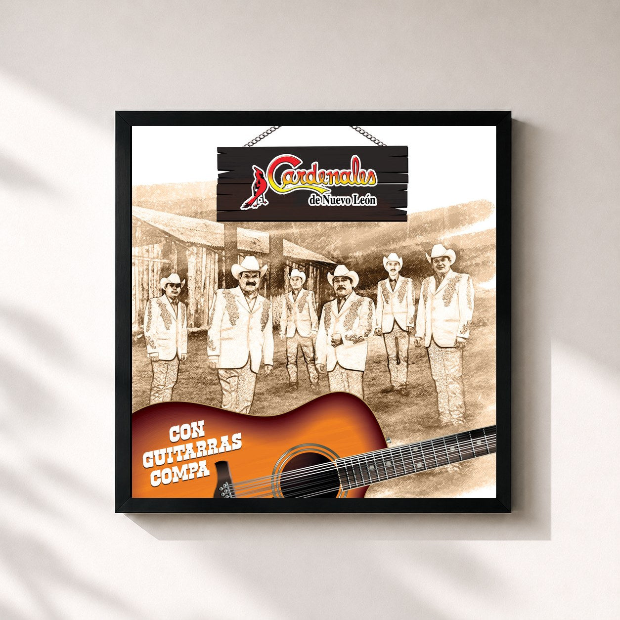#noir Tableau carré de l'album Con Guitarras Compa de Cardenales De Nuevo León, cadre noir 32x32 cm
