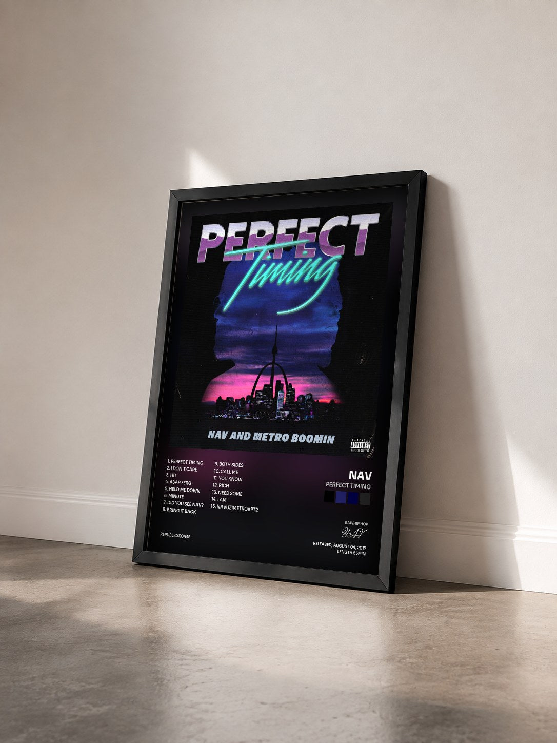 #noir Tableau de l'album Perfect Timing de NAV vu de trois quarts, cadre noir