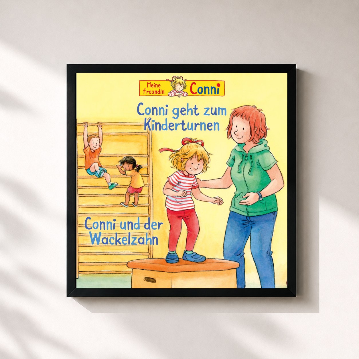 #noir Tableau carré de l'album Conni geht zum Kinderturnen / Conni und der Wackelzahn de Conni, cadre noir 32x32 cm