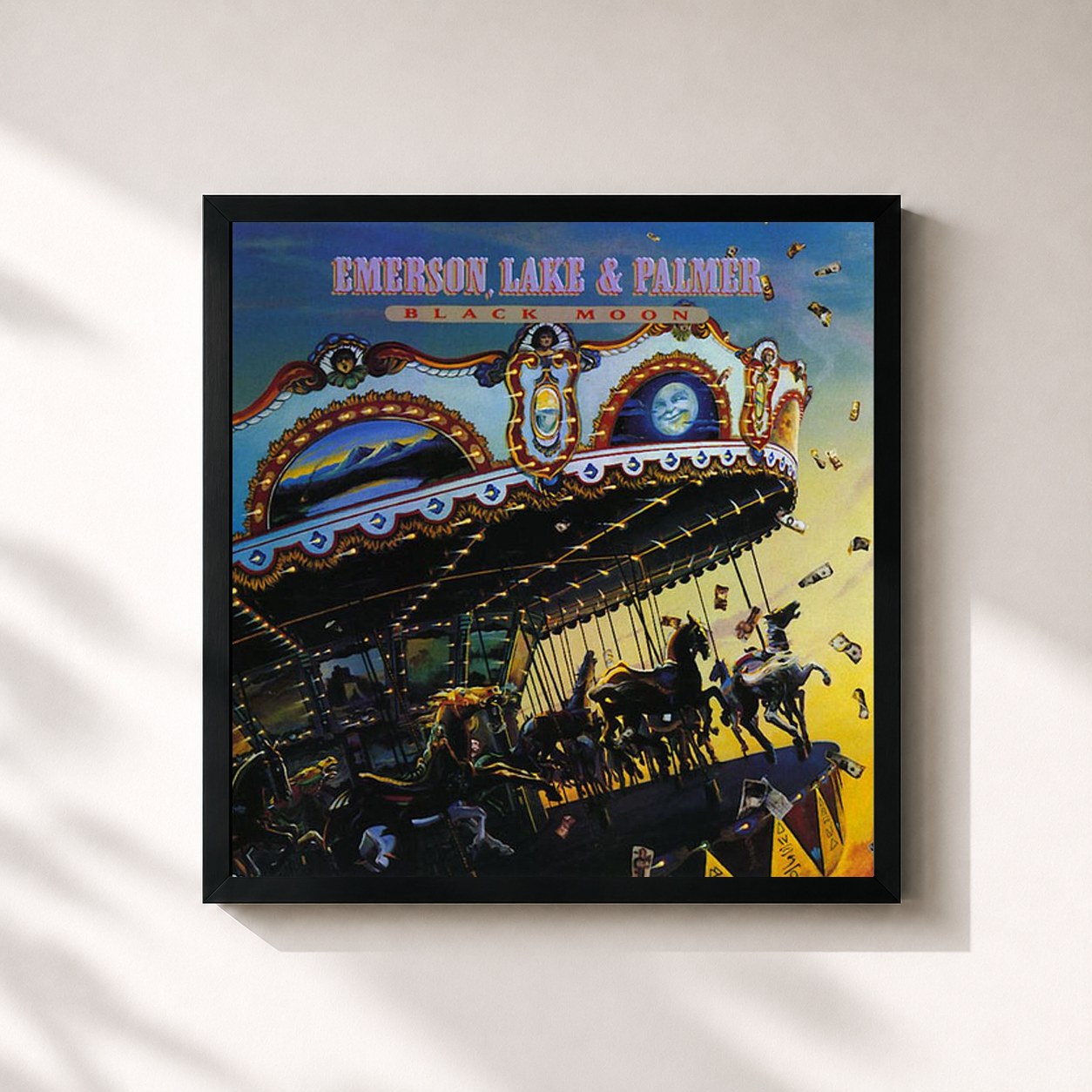 #noir Tableau carré de l'album Black Moon de Emerson, Lake & Palmer, cadre noir 32x32 cm