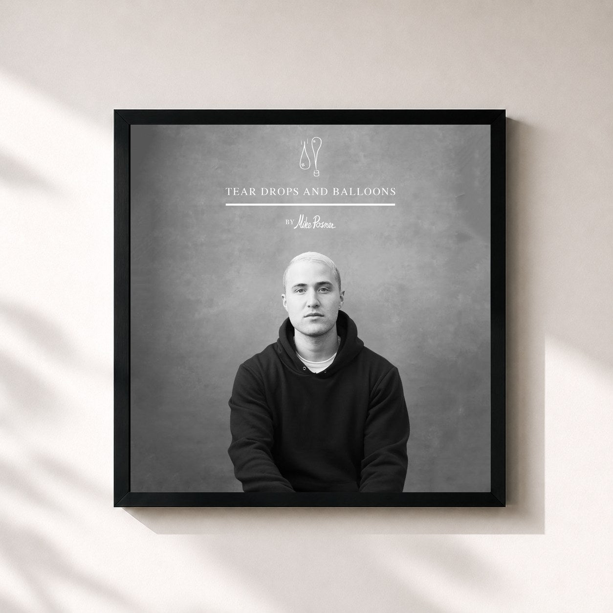 #noir Tableau carré de l'album Tear Drops and Balloons de Mike Posner, cadre noir 32x32 cm