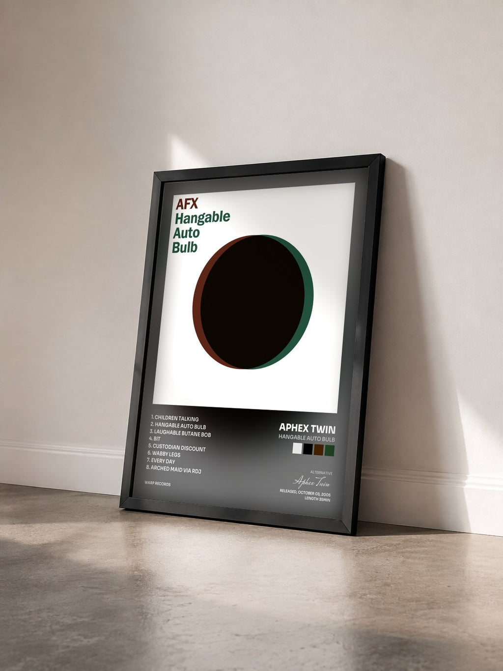 #noir Tableau de l'album Hangable Auto Bulb de Aphex Twin vu de trois quarts, cadre noir