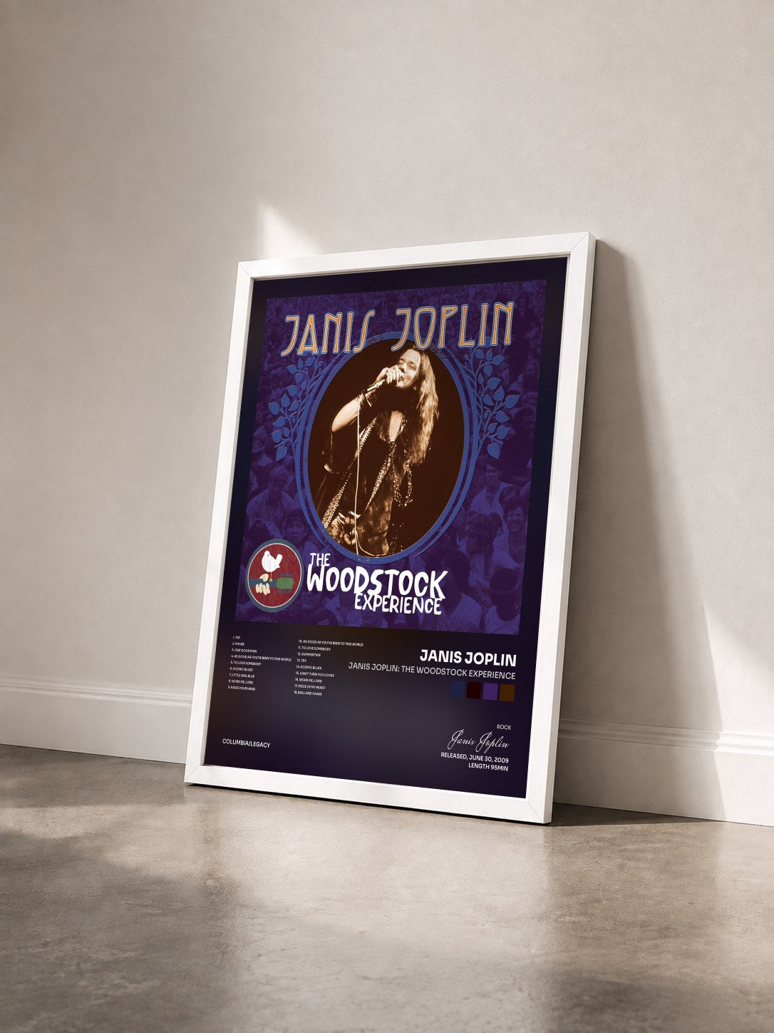 #blanc Janis Joplin: The Woodstock Experience by Janis Joplin as a framed art print seen at an angle, white frame