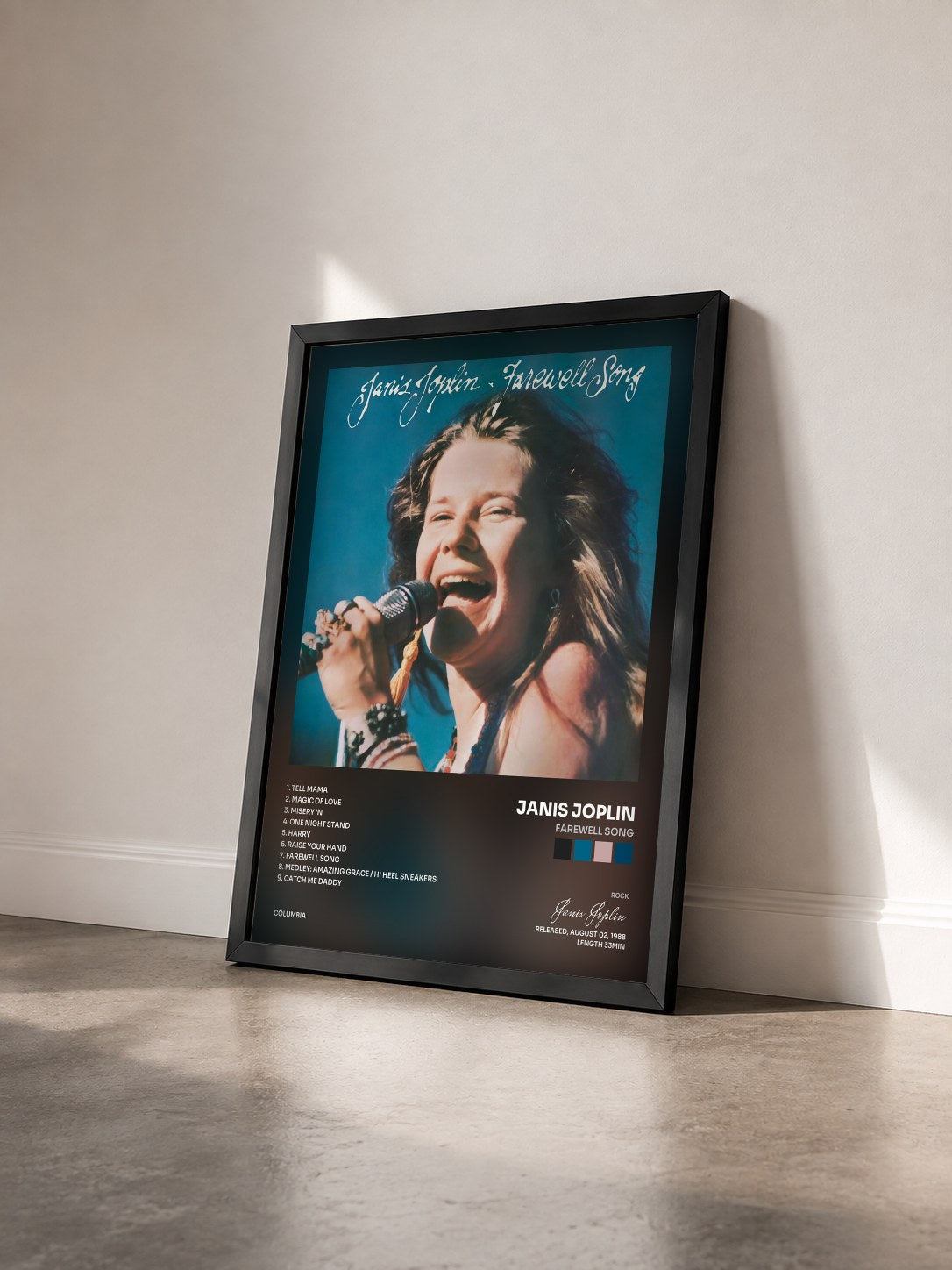 #noir Farewell Song by Janis Joplin as a framed art print seen at an angle, black frame