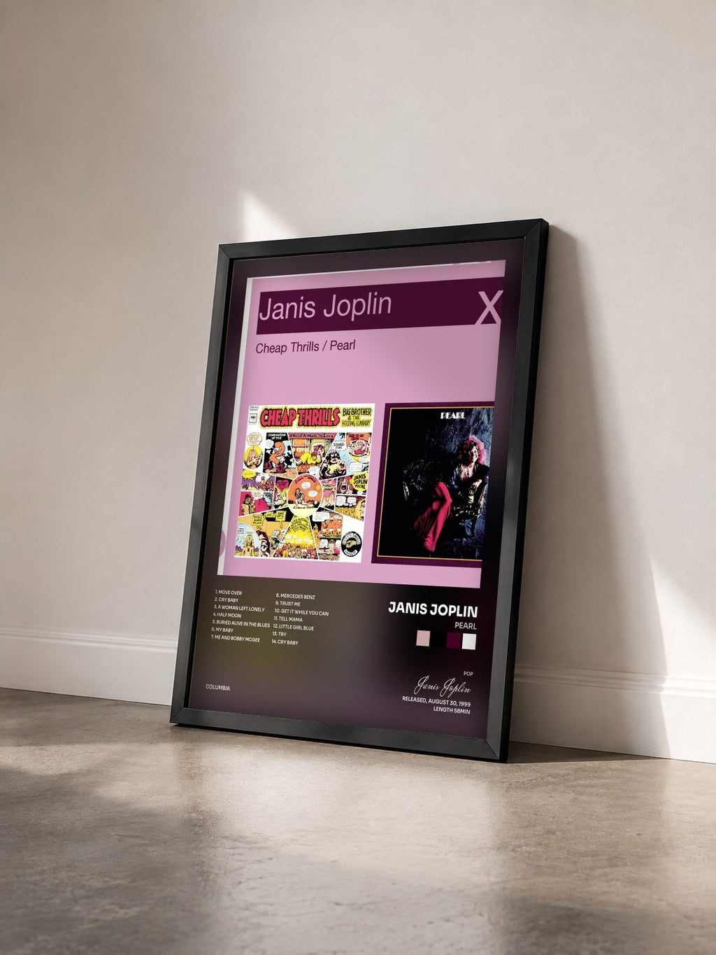 #noir Tableau de l'album Pearl de Janis Joplin vu de trois quarts, cadre noir