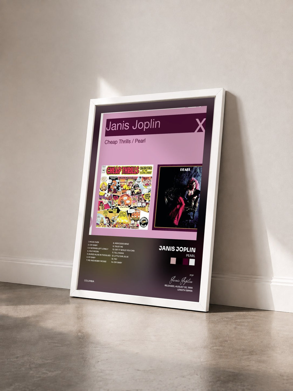 #blanc Tableau de l'album Pearl de Janis Joplin vu de trois quarts, cadre blanc