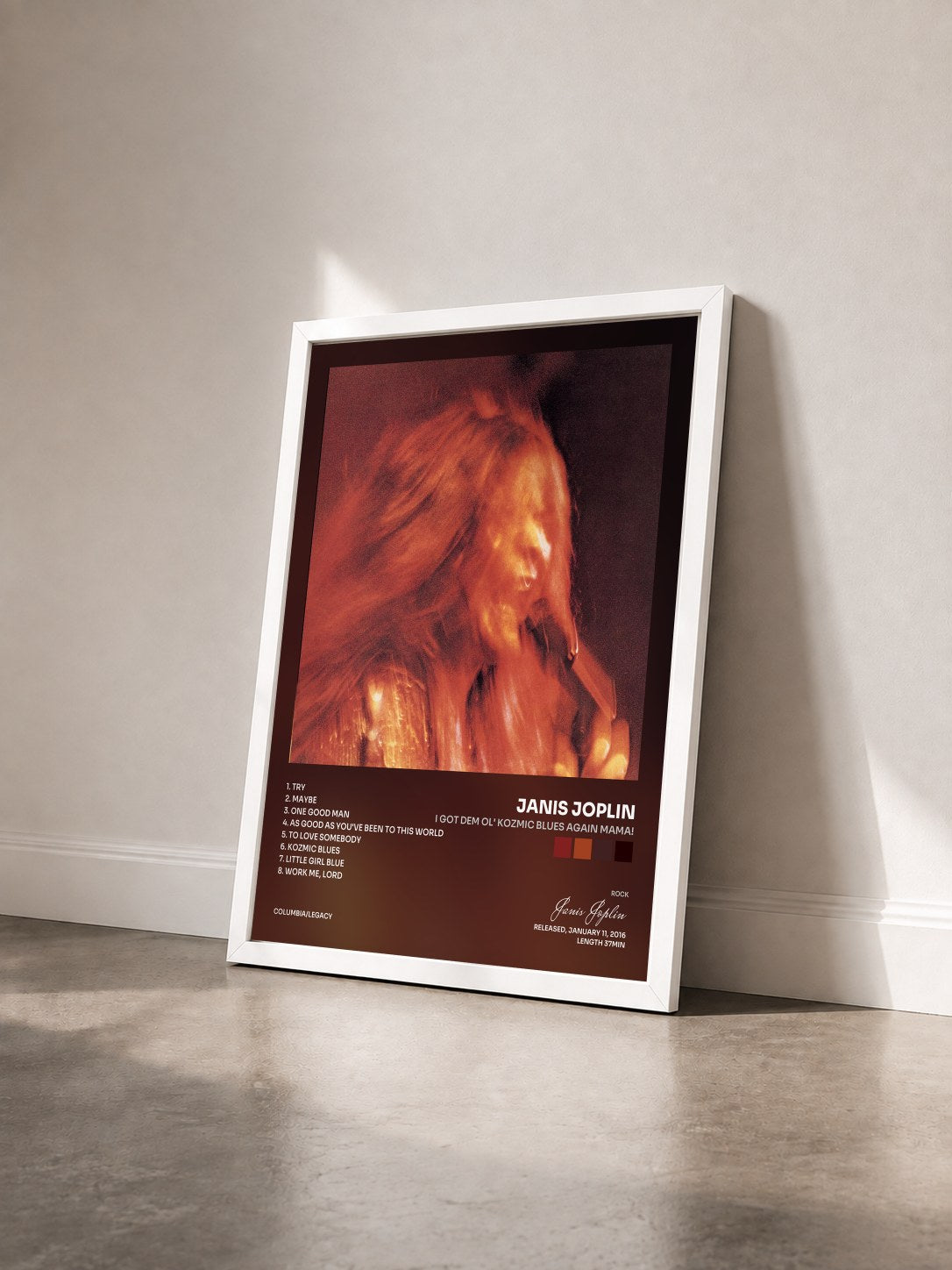 #blanc I Got Dem Ol' Kozmic Blues Again Mama! by Janis Joplin as a framed art print seen at an angle, white frame