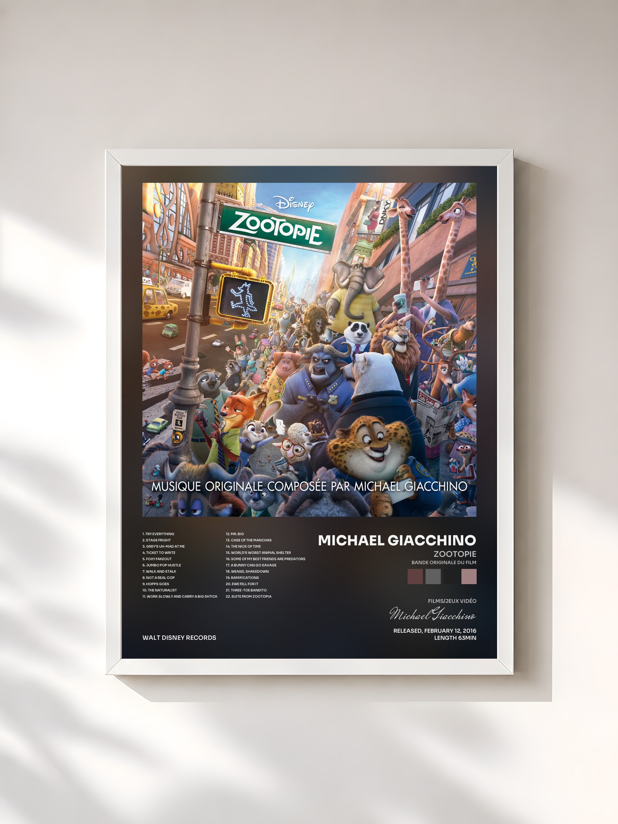 #blanc Tableau de l'album Zootopie (Bande Originale du Film) de Michael Giacchino, cadre blanc, imprimé et encadré en France