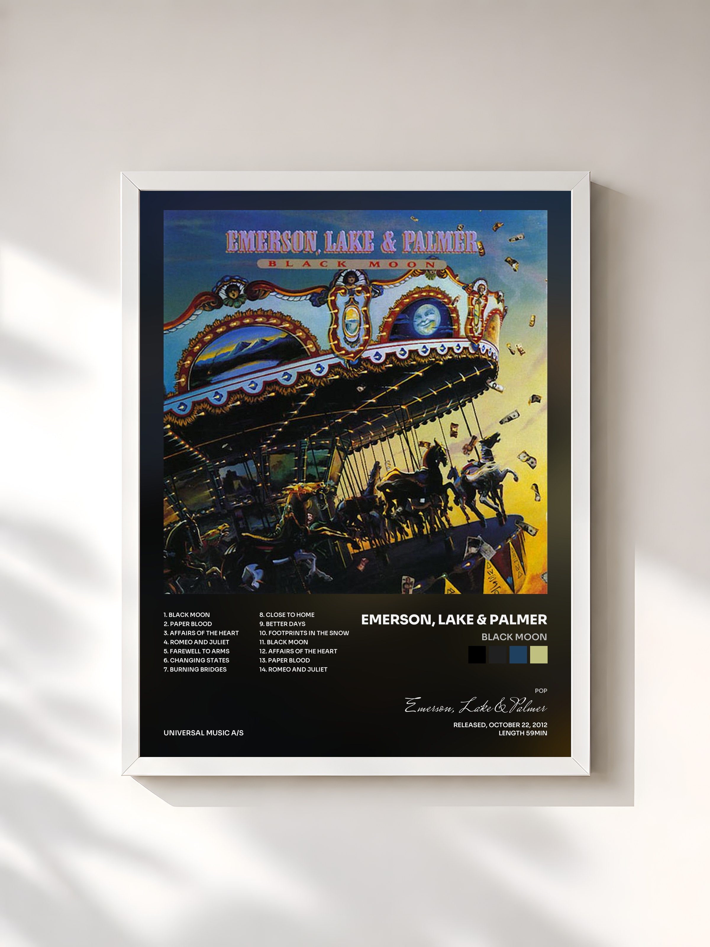 #blanc Tableau de l'album Black Moon de Emerson, Lake & Palmer, cadre blanc, imprimé et encadré en France