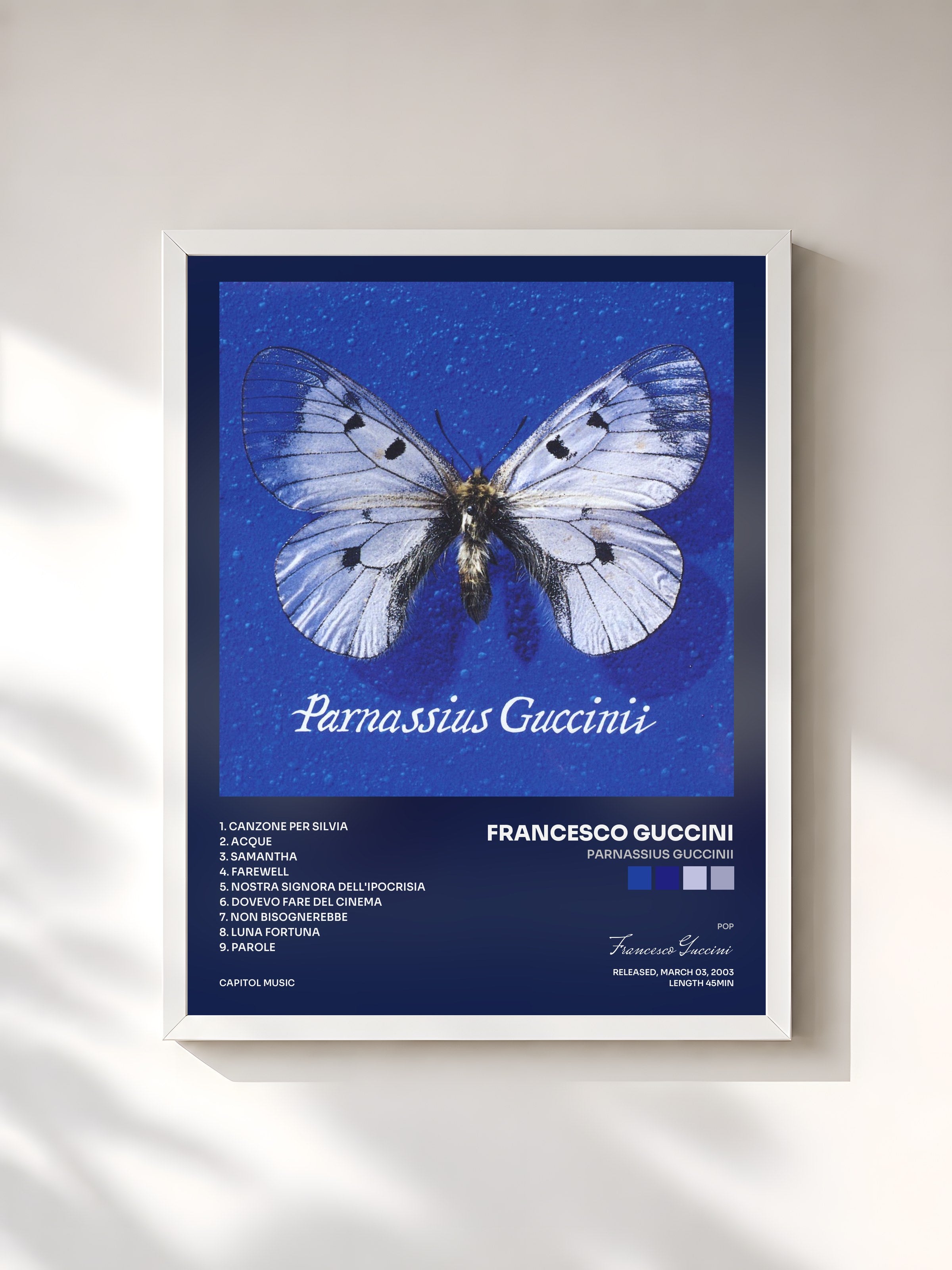#blanc Tableau de l'album Parnassius Guccinii de Francesco Guccini, cadre blanc, imprimé et encadré en France
