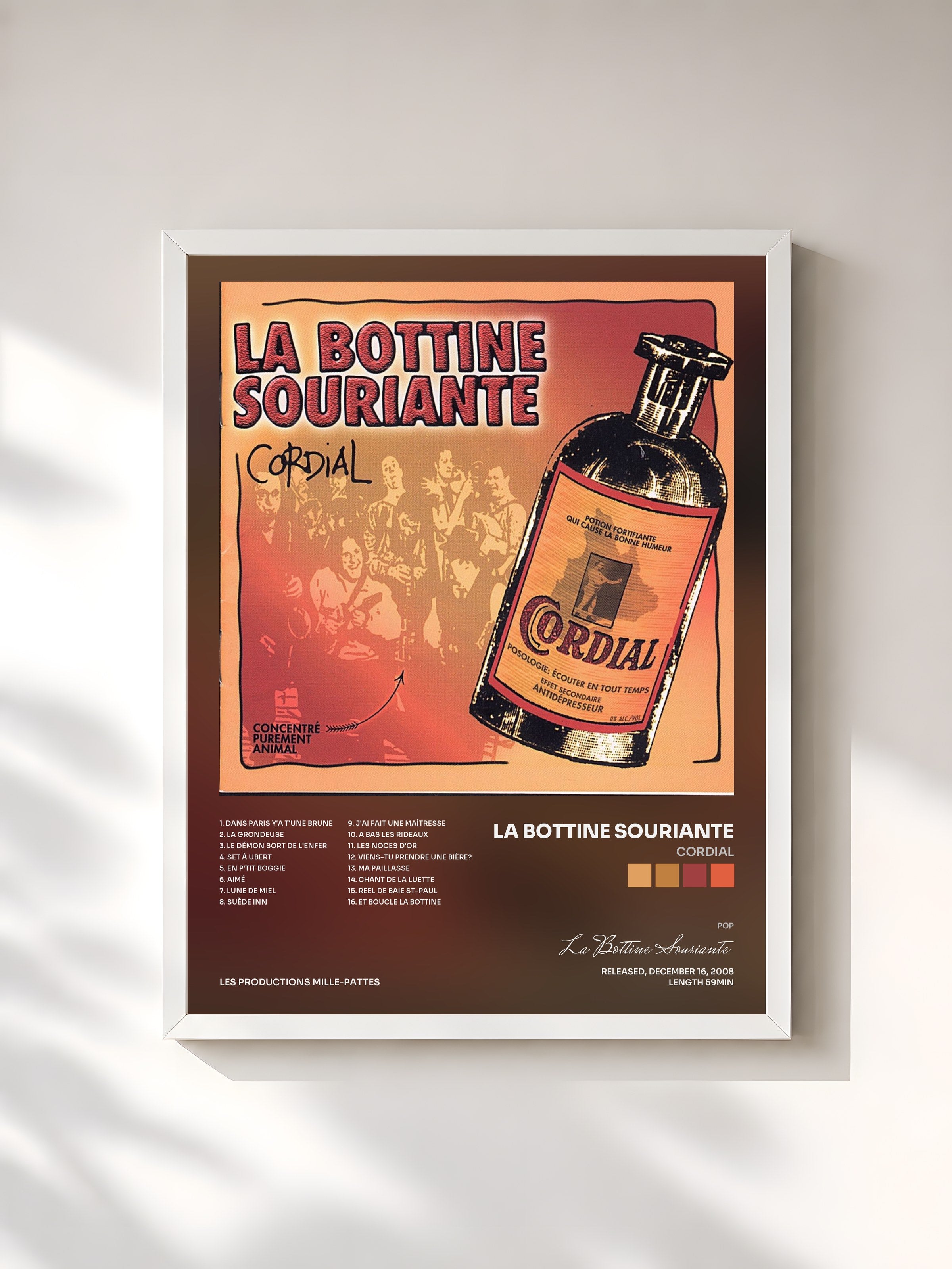 #blanc Tableau de l'album Cordial de La Bottine Souriante, cadre blanc, imprimé et encadré en France