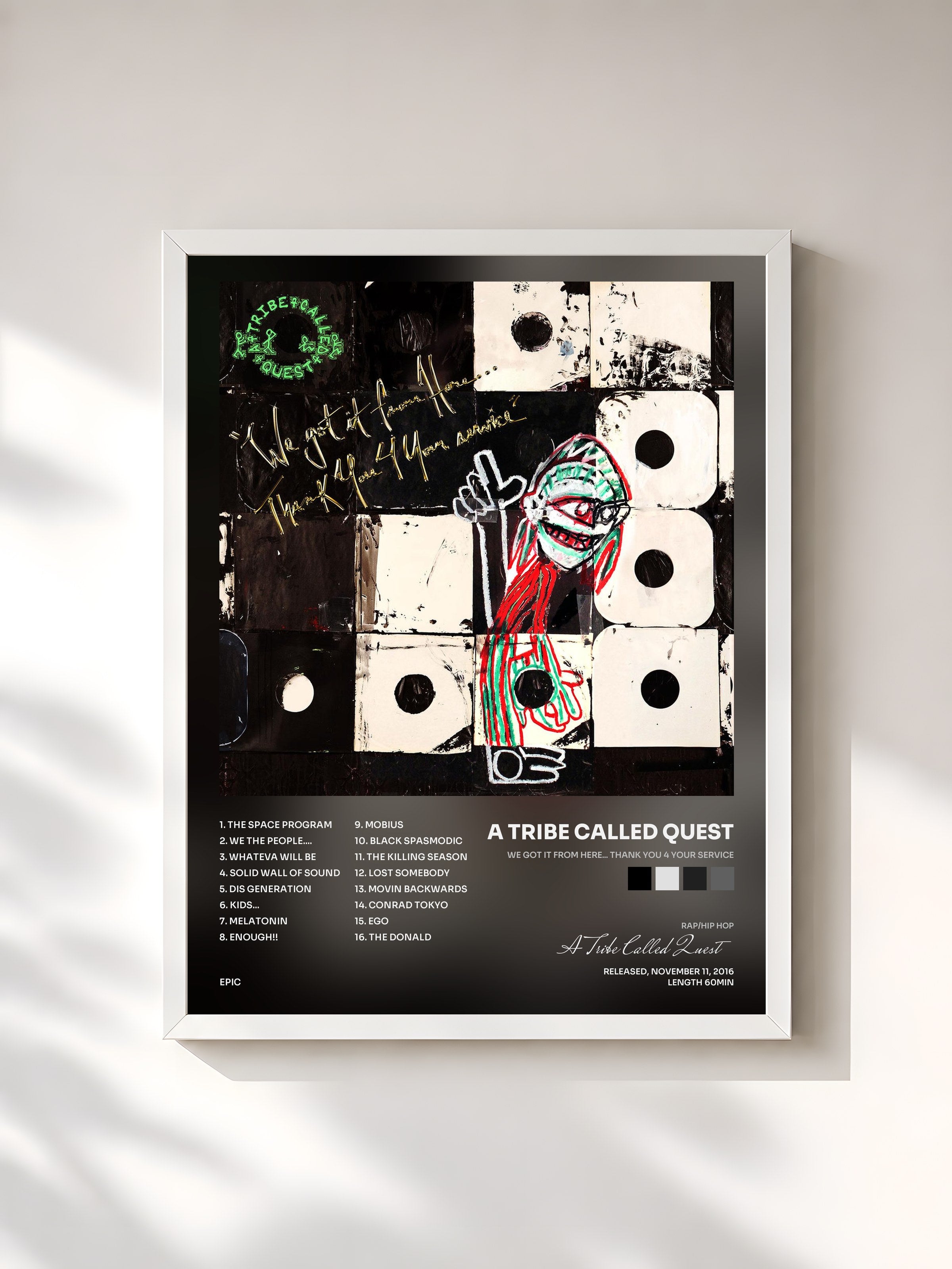 #blanc Tableau de l'album We got it from Here... Thank You 4 Your service de A Tribe Called Quest, cadre blanc, imprimé et encadré en France