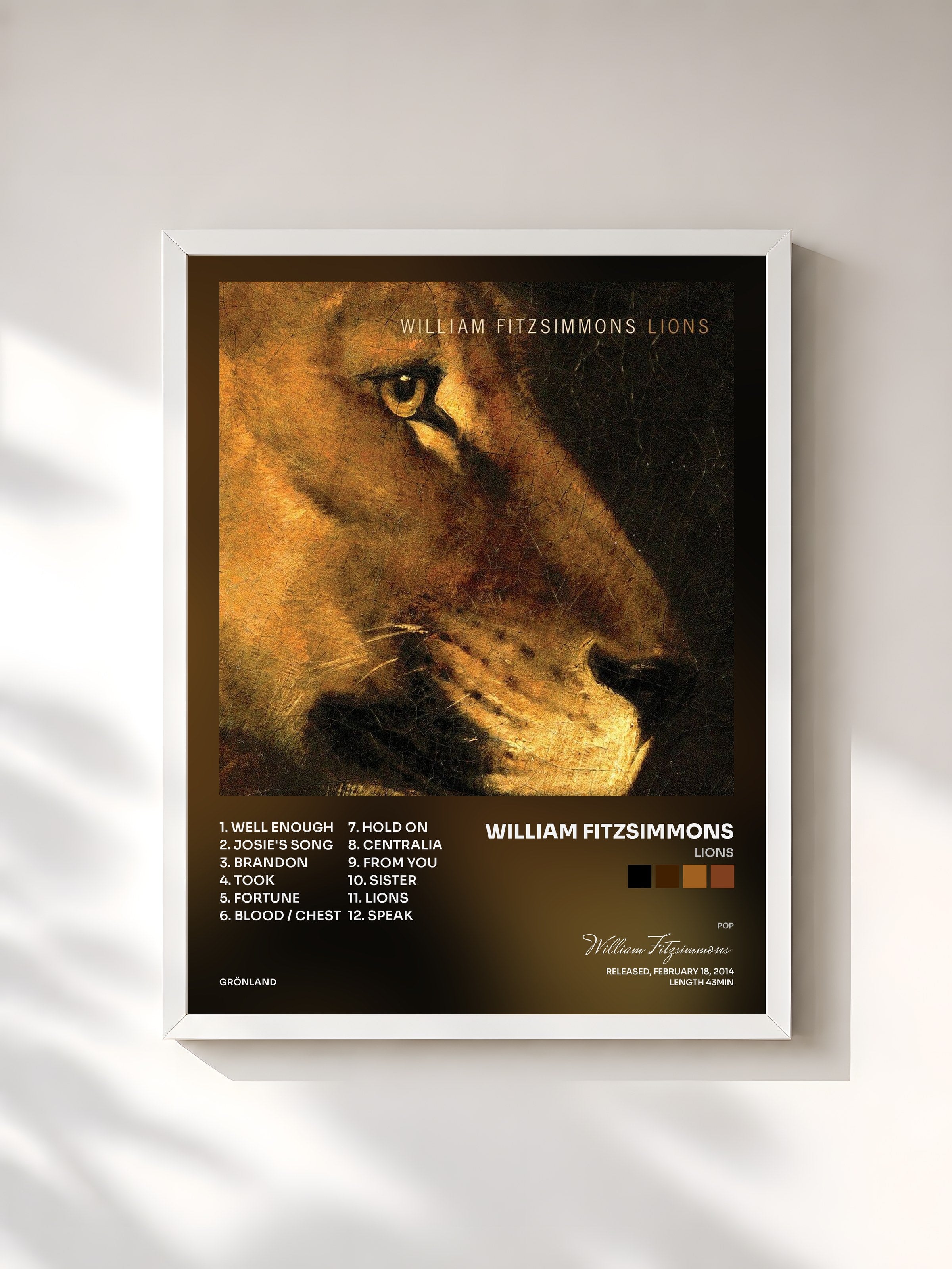 #blanc Tableau de l'album Lions de William Fitzsimmons, cadre blanc, imprimé et encadré en France