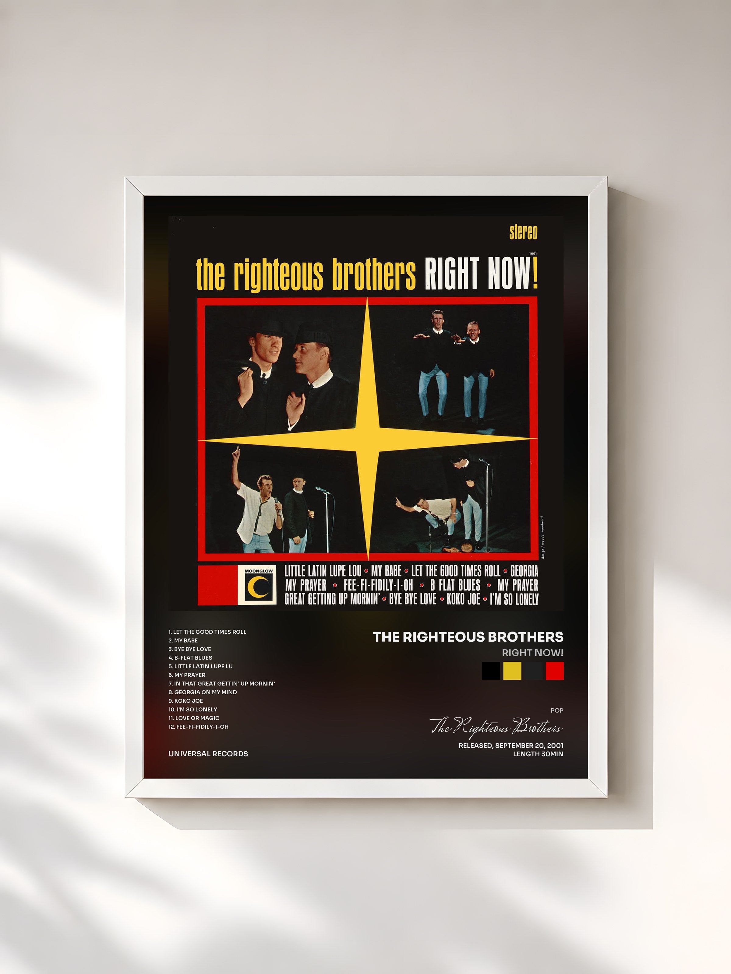 #blanc Tableau de l'album Right Now! de The Righteous Brothers, cadre blanc, imprimé et encadré en France