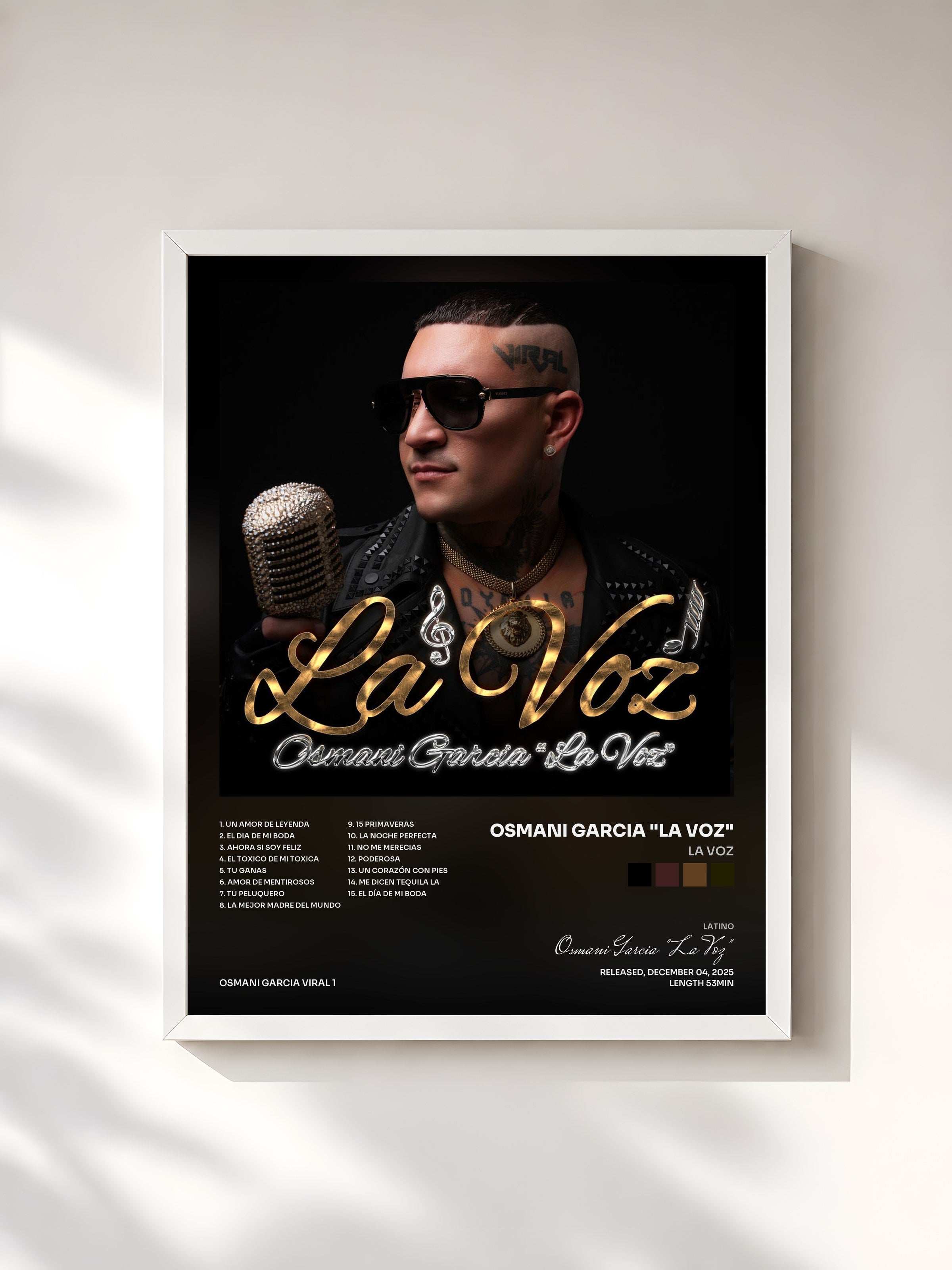 #blanc Tableau de l'album La Voz de Osmani Garcia "La Voz", cadre blanc, imprimé et encadré en France