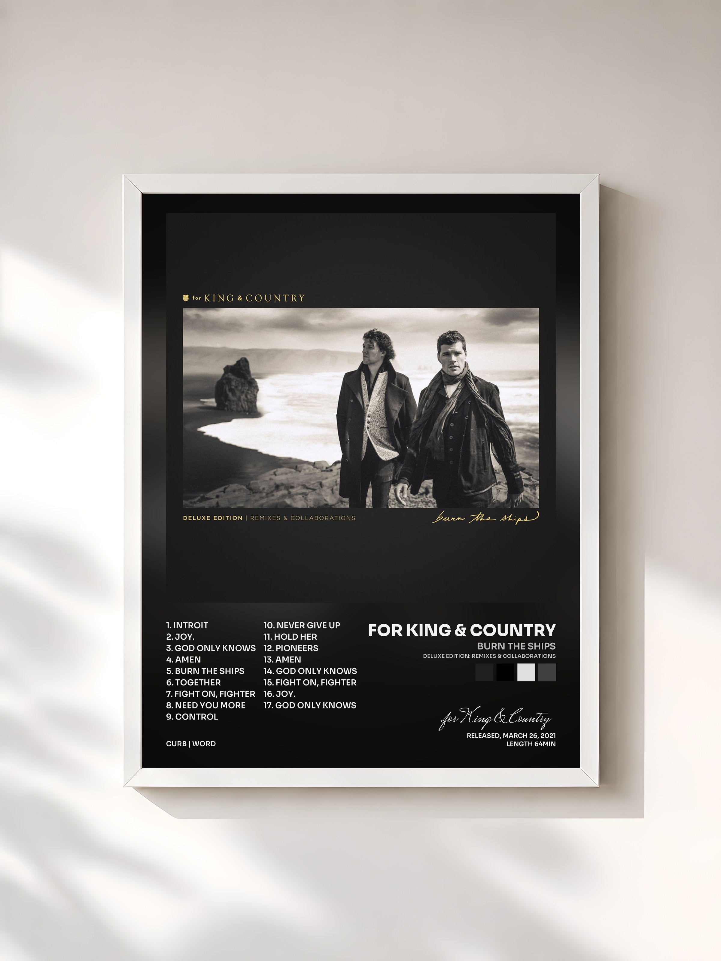 #blanc Tableau de l'album Burn The Ships (Deluxe Edition: Remixes & Collaborations) de for King & Country, cadre blanc, imprimé et encadré en France