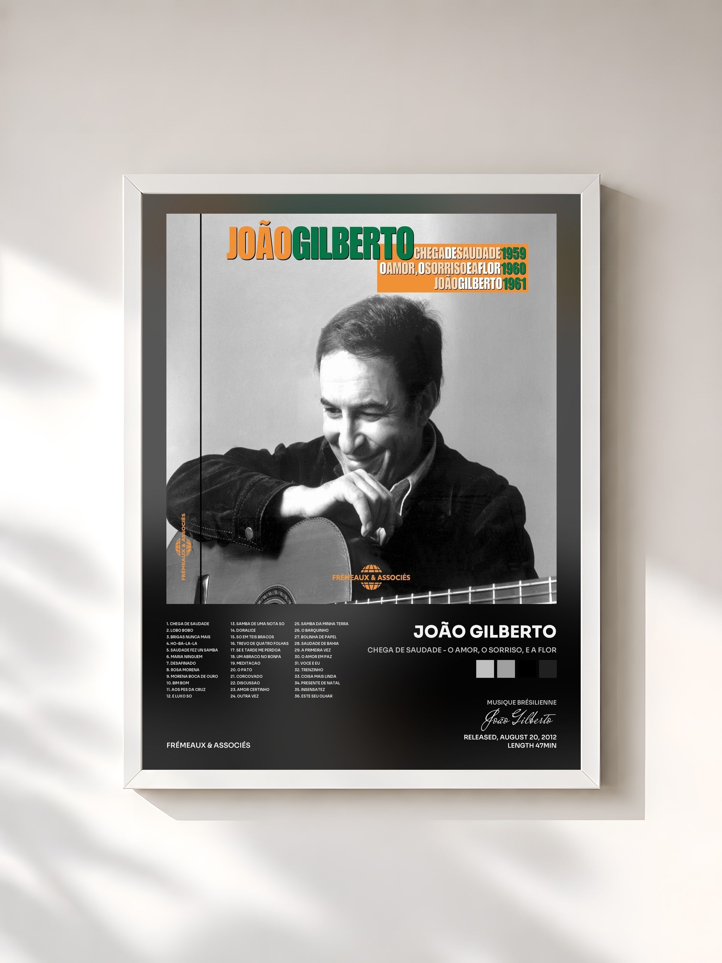 #blanc Tableau de l'album Chega de Saudade - O Amor, O Sorriso, E a Flor de João Gilberto, cadre blanc, imprimé et encadré en France