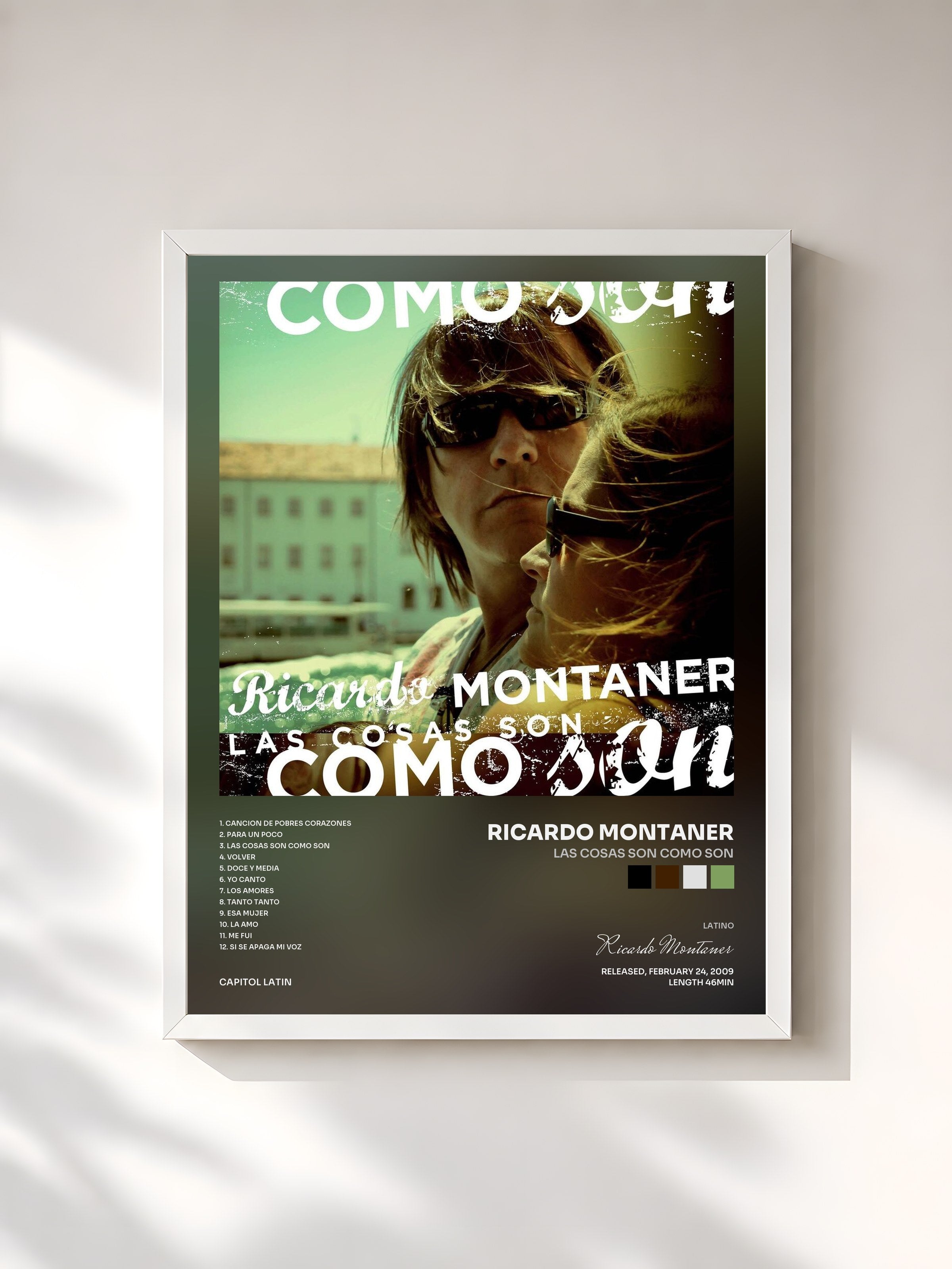 #blanc Tableau de l'album Las Cosas Son Como Son de Ricardo Montaner, cadre blanc, imprimé et encadré en France