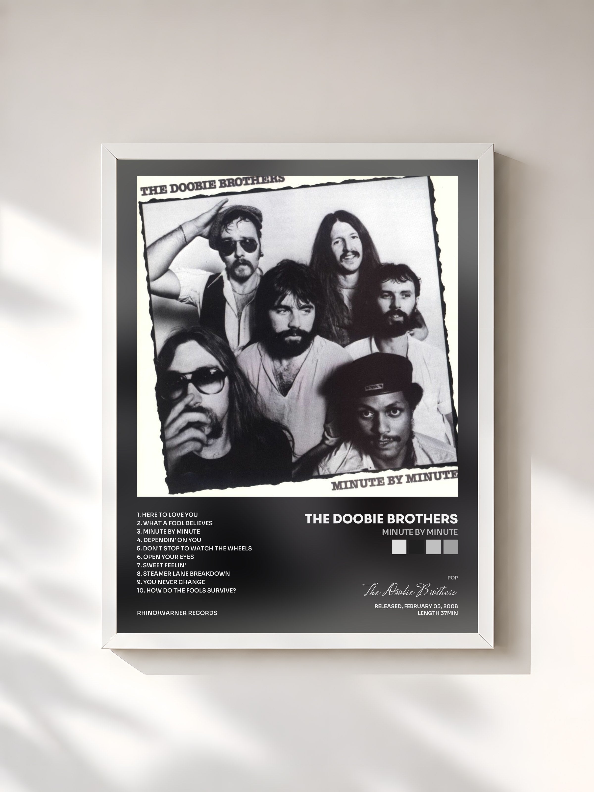 #blanc Tableau de l'album Minute by Minute de The Doobie Brothers, cadre blanc, imprimé et encadré en France