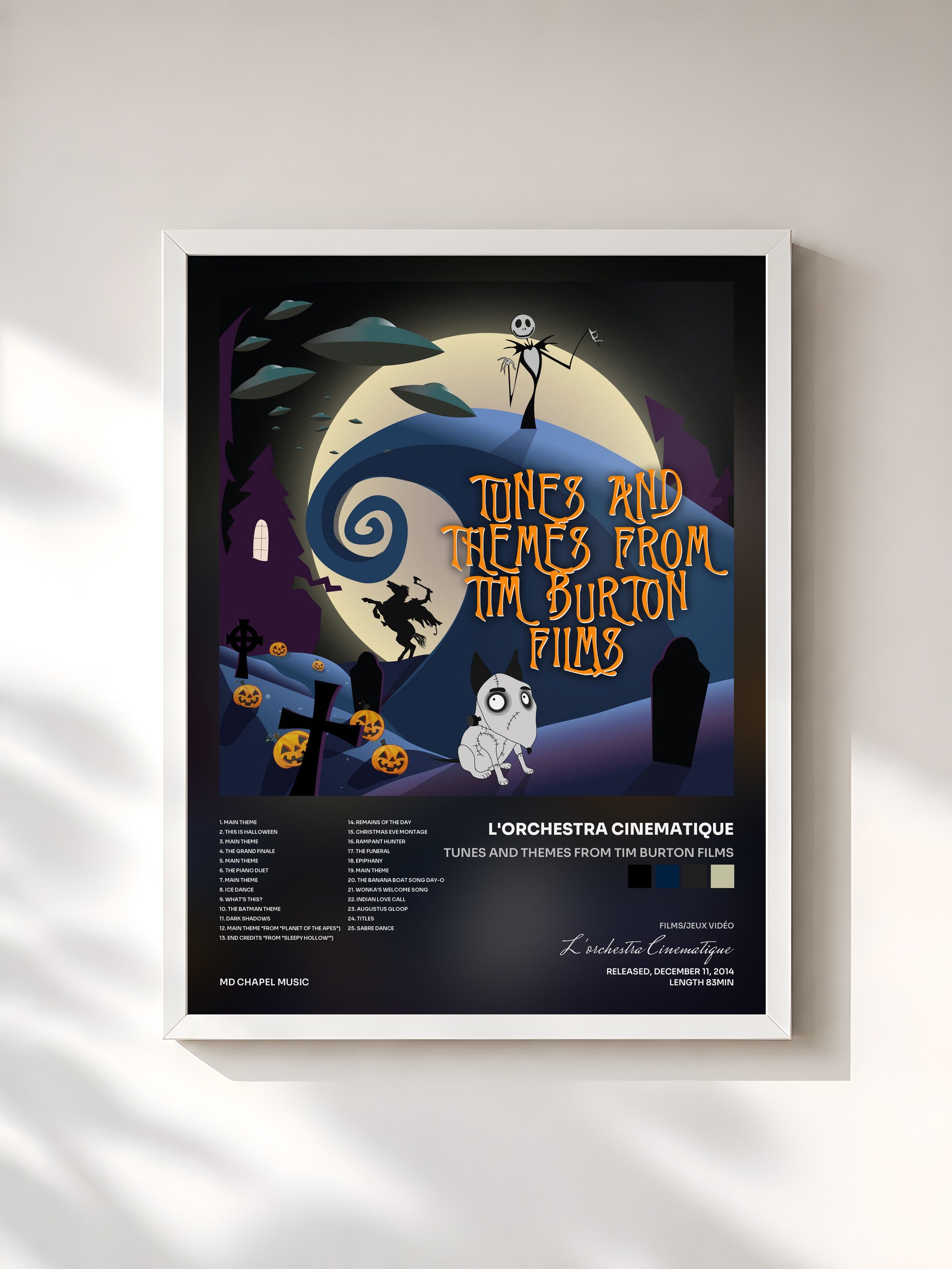 #blanc Tableau de l'album Tunes and Themes from Tim Burton Films de L'orchestra Cinematique, cadre blanc, imprimé et encadré en France