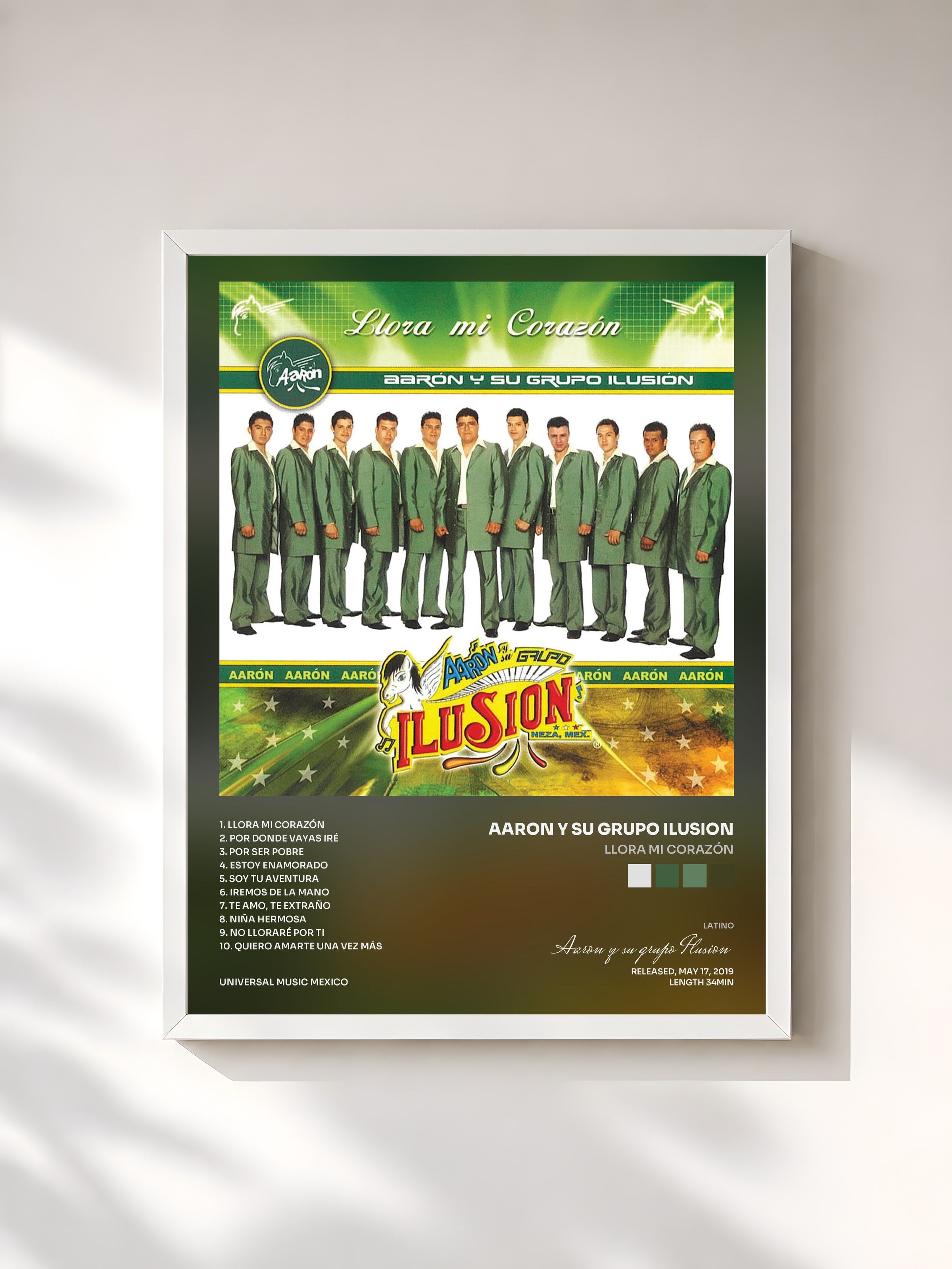 #blanc Tableau de l'album Llora Mi Corazón de Aaron y su grupo Ilusion, cadre blanc, imprimé et encadré en France