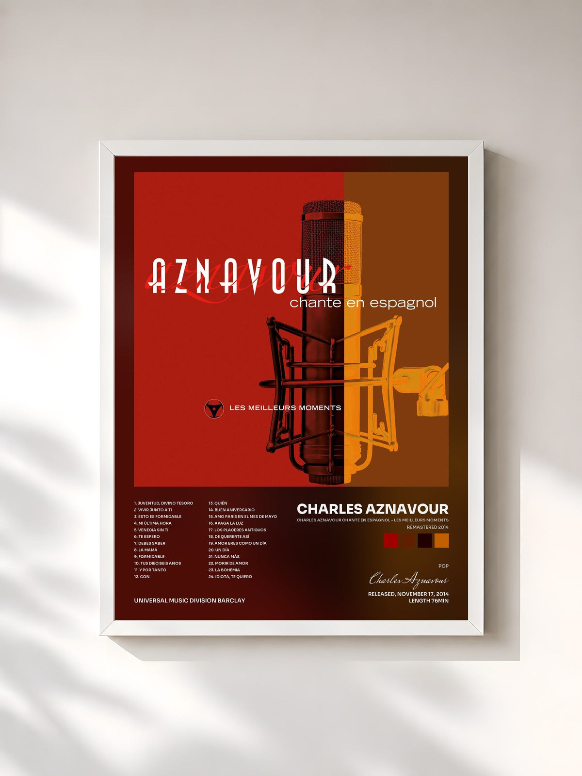 #blanc Tableau de l'album Charles Aznavour chante en espagnol - Les meilleurs moments (Remastered 2014) de Charles Aznavour, cadre blanc, imprimé et encadré en France