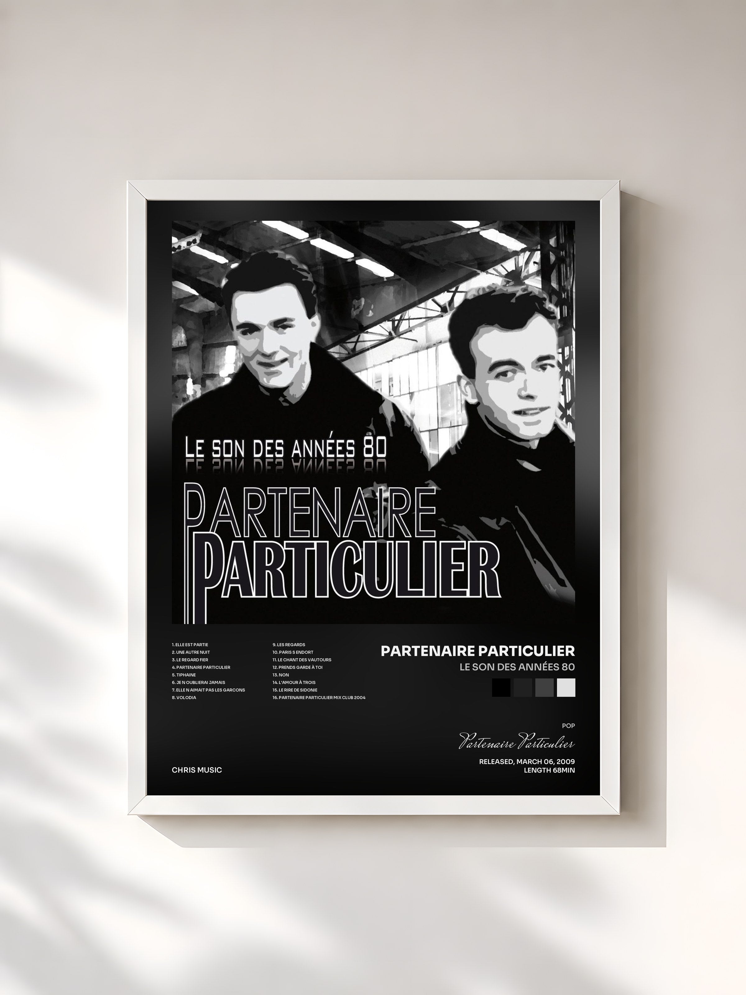 #blanc Tableau de l'album Le son des années 80 de Partenaire Particulier, cadre blanc, imprimé et encadré en France