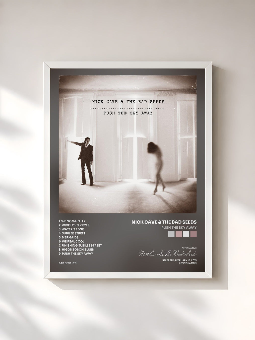 #blanc Push the Sky Away de Nick Cave & The Bad Seeds en lámina enmarcada, marco blanco, impresa y enmarcada en Francia