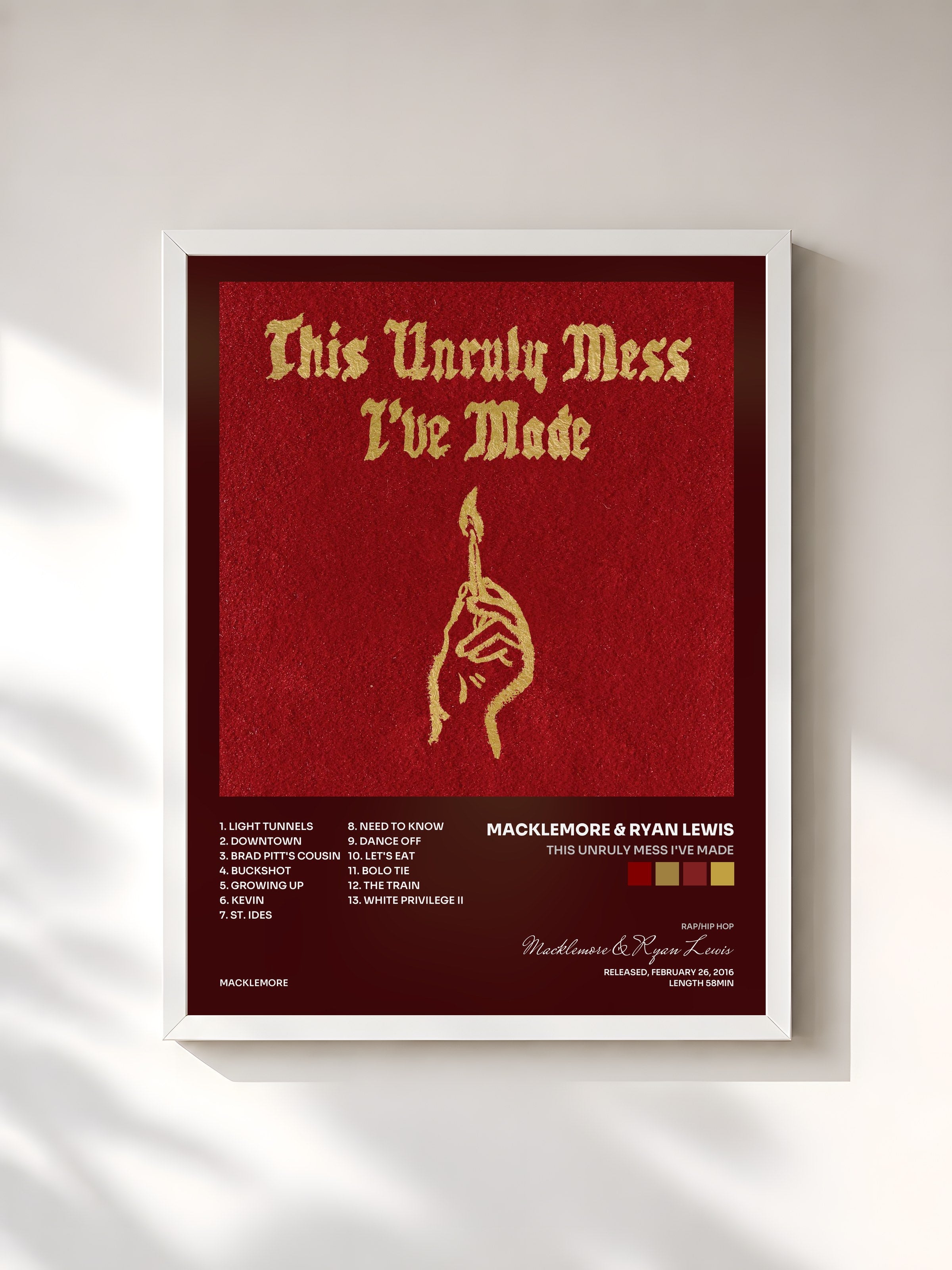 #blanc Tableau de l'album This Unruly Mess I've Made de Macklemore & Ryan Lewis, cadre blanc, imprimé et encadré en France