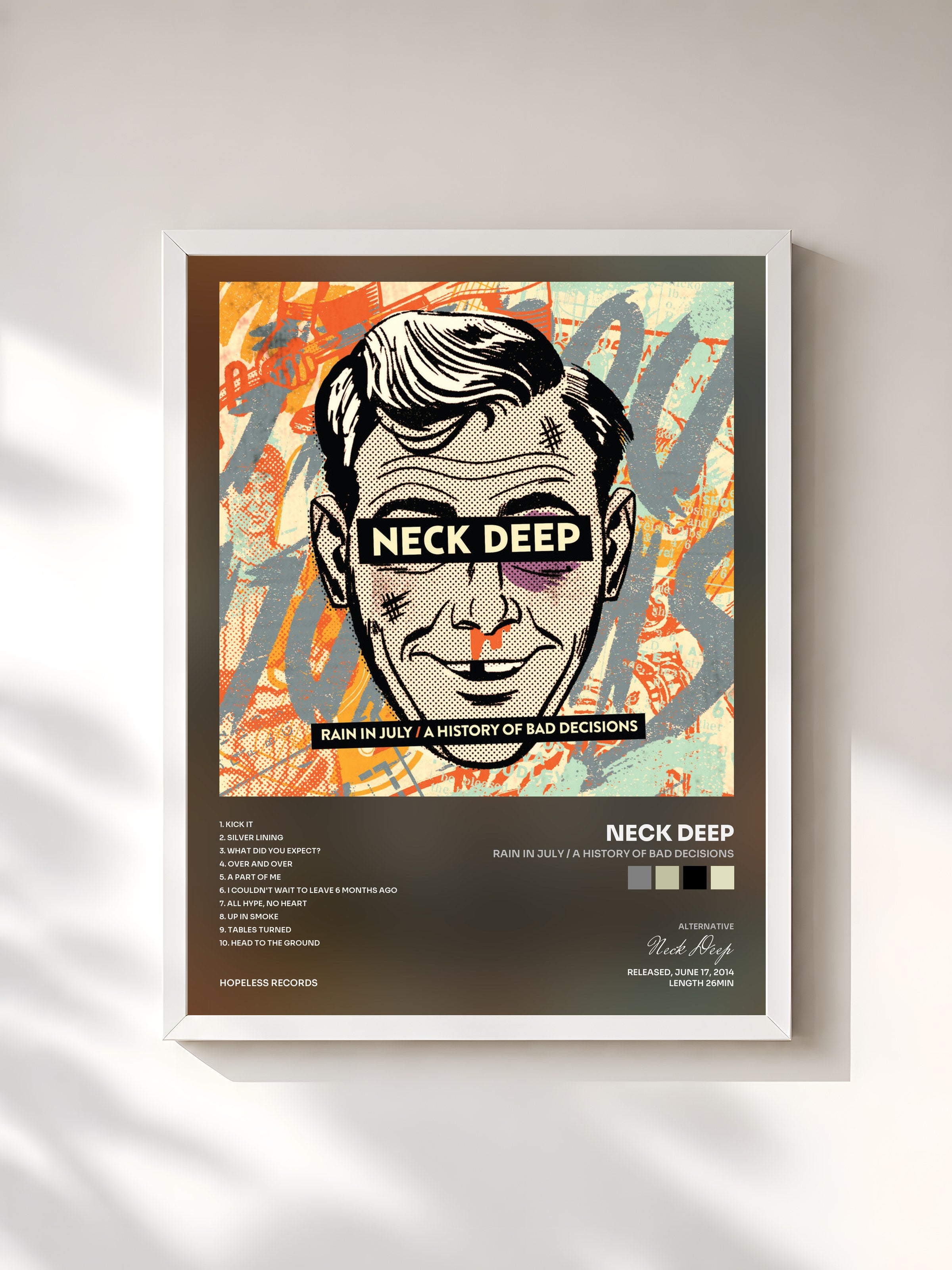 #blanc Tableau de l'album Rain In July / A History Of Bad Decisions de Neck Deep, cadre blanc, imprimé et encadré en France