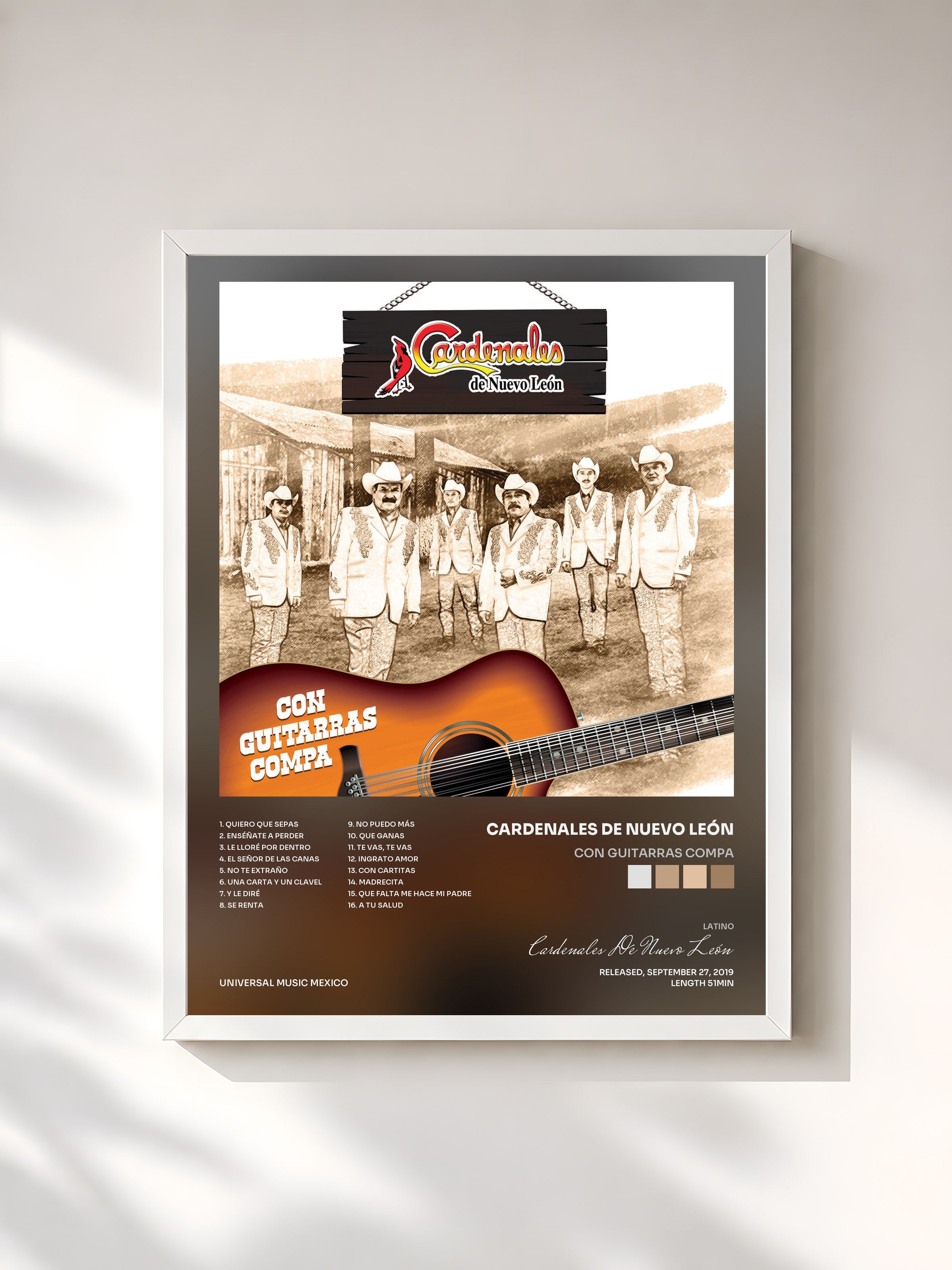#blanc Tableau de l'album Con Guitarras Compa de Cardenales De Nuevo León, cadre blanc, imprimé et encadré en France