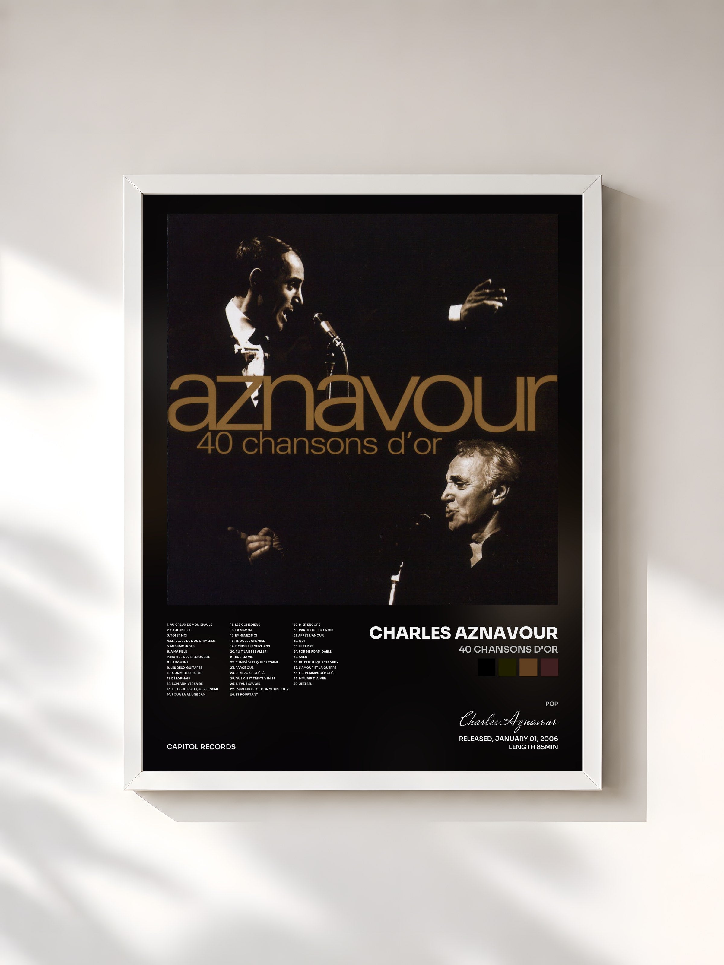 #blanc 40 Chansons D'or by Charles Aznavour as a framed art print, white frame, printed and framed in France