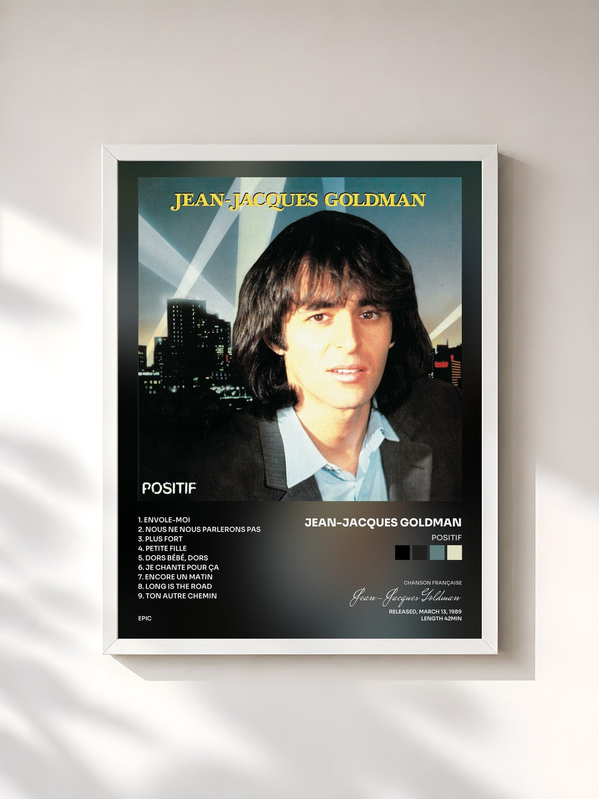 #blanc Tableau de l'album Positif de Jean-Jacques Goldman, cadre blanc, imprimé et encadré en France