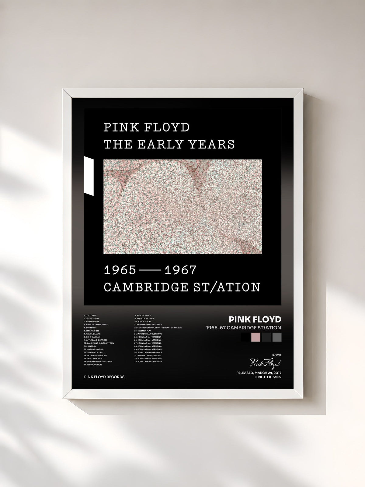 #blanc Tableau de l'album 1965-67 Cambridge St/ation de Pink Floyd, cadre blanc, imprimé et encadré en France