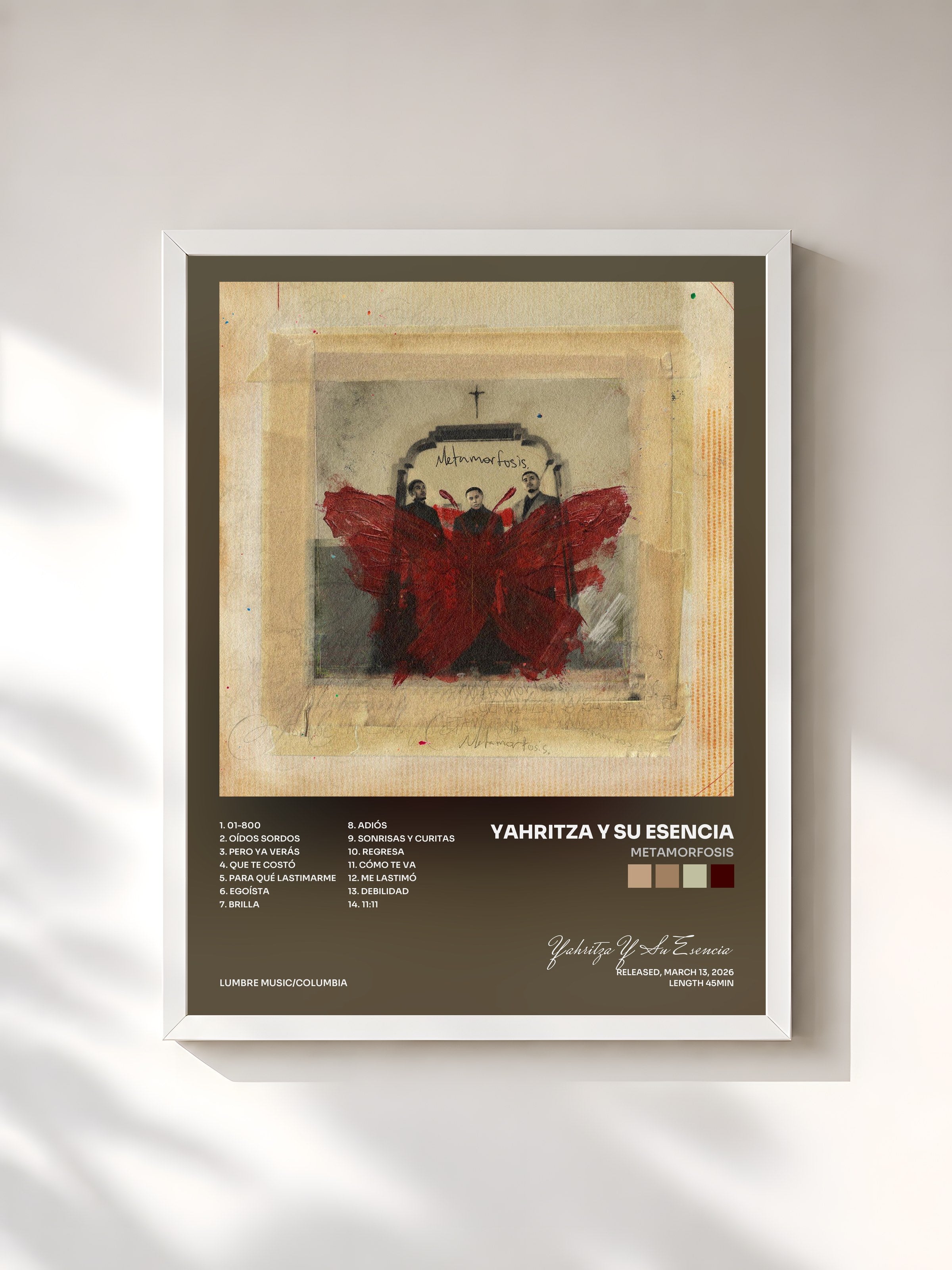 #blanc Tableau de l'album Metamorfosis de Yahritza Y Su Esencia, cadre blanc, imprimé et encadré en France