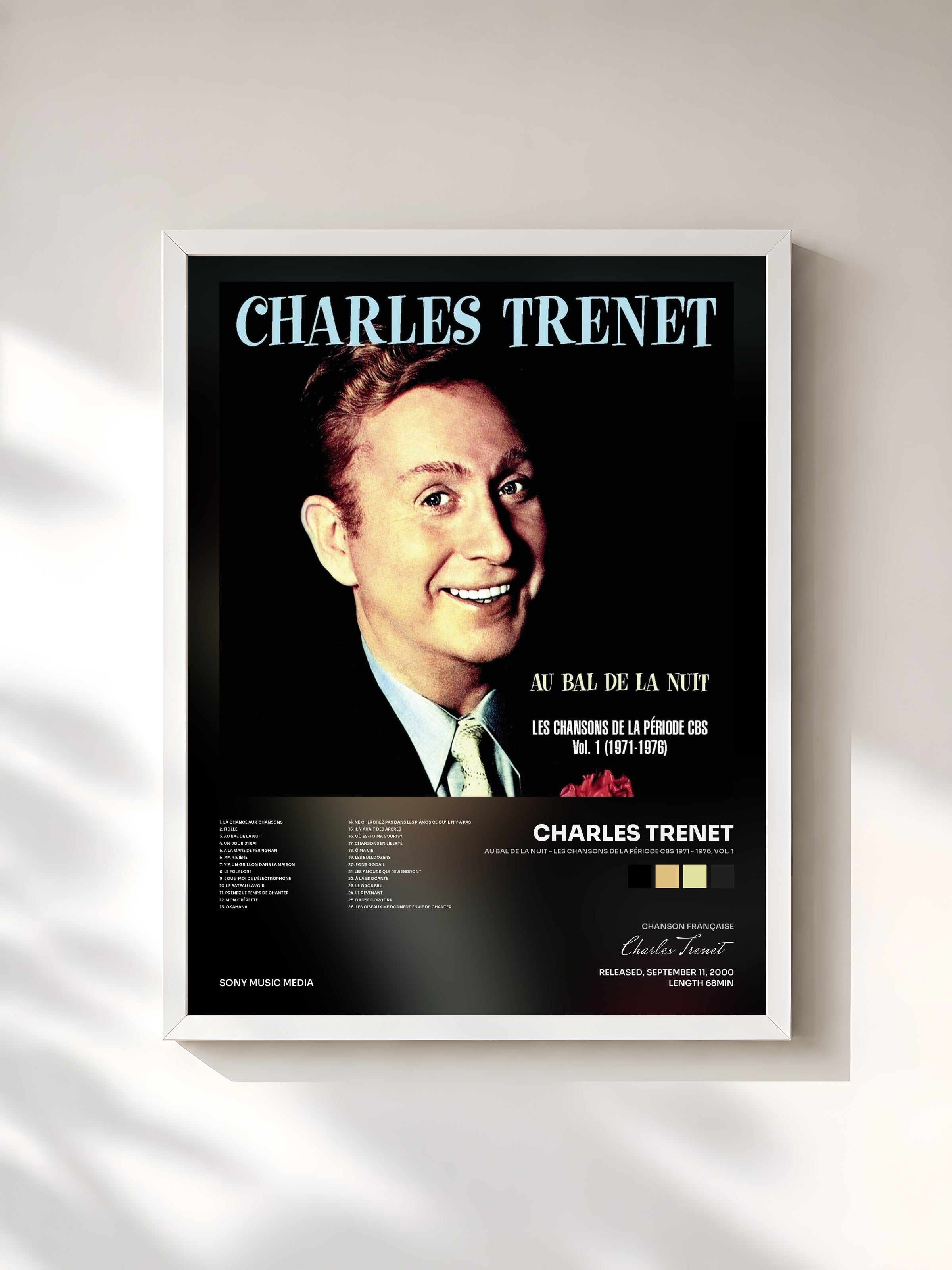 #blanc Tableau de l'album Au bal de la nuit - Les chansons de la période CBS 1971 - 1976, Vol. 1 de Charles Trenet, cadre blanc, imprimé et encadré en France