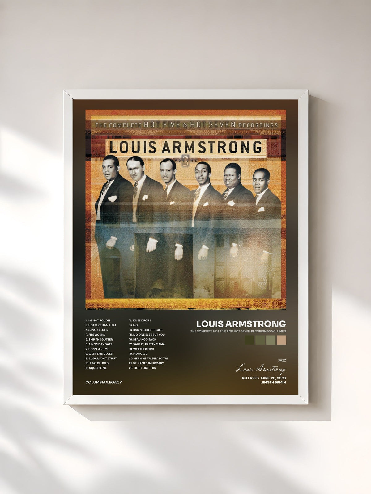 #blanc Tableau de l'album The Complete Hot Five And Hot Seven Recordings Volume 3 de Louis Armstrong, cadre blanc, imprimé et encadré en France