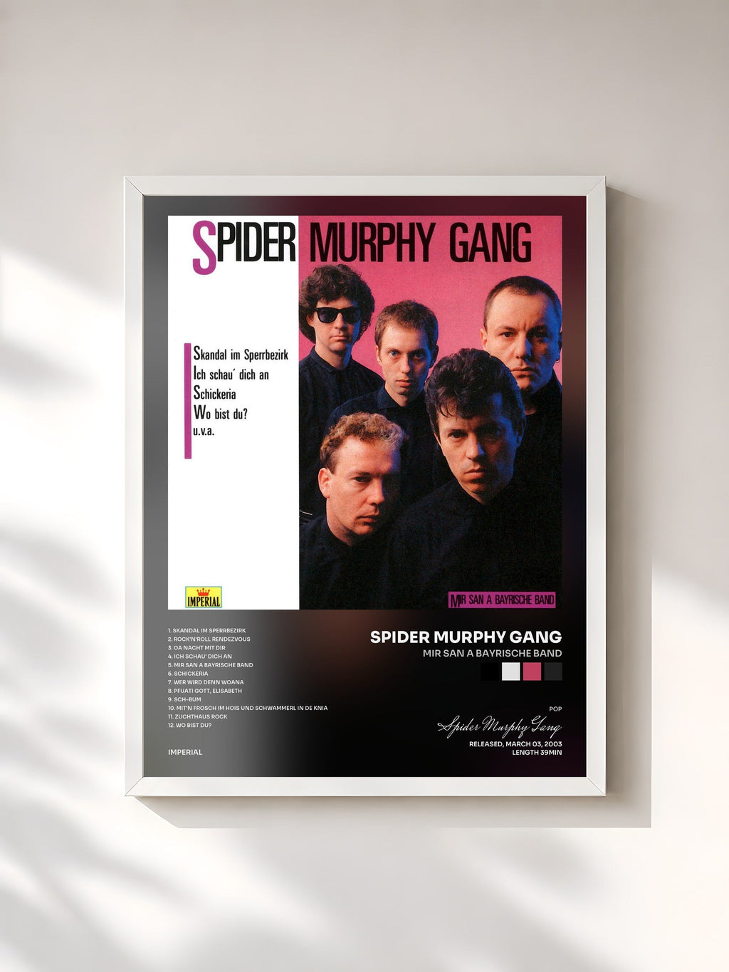 #blanc Tableau de l'album Mir San A Bayrische Band de Spider Murphy Gang, cadre blanc, imprimé et encadré en France