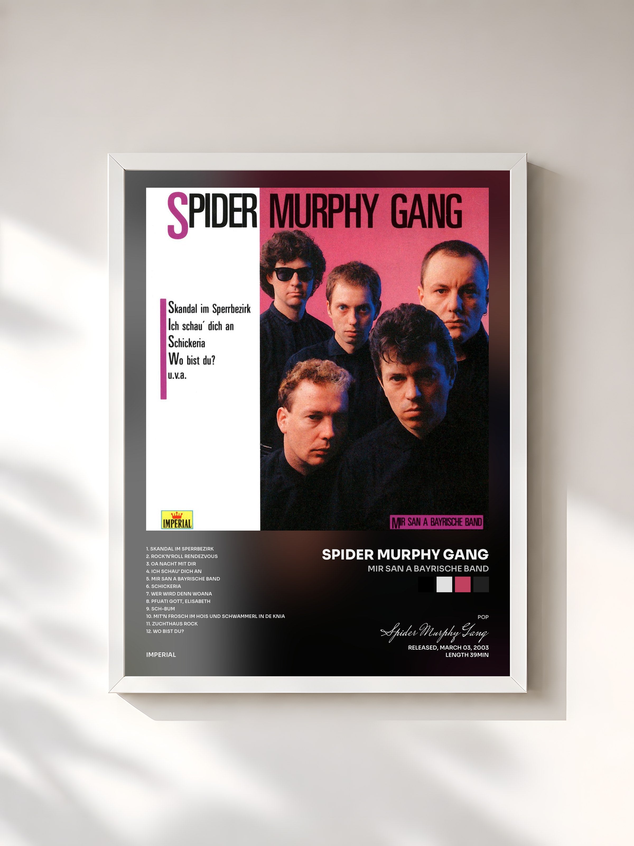 #blanc Tableau de l'album Mir San A Bayrische Band de Spider Murphy Gang, cadre blanc, imprimé et encadré en France