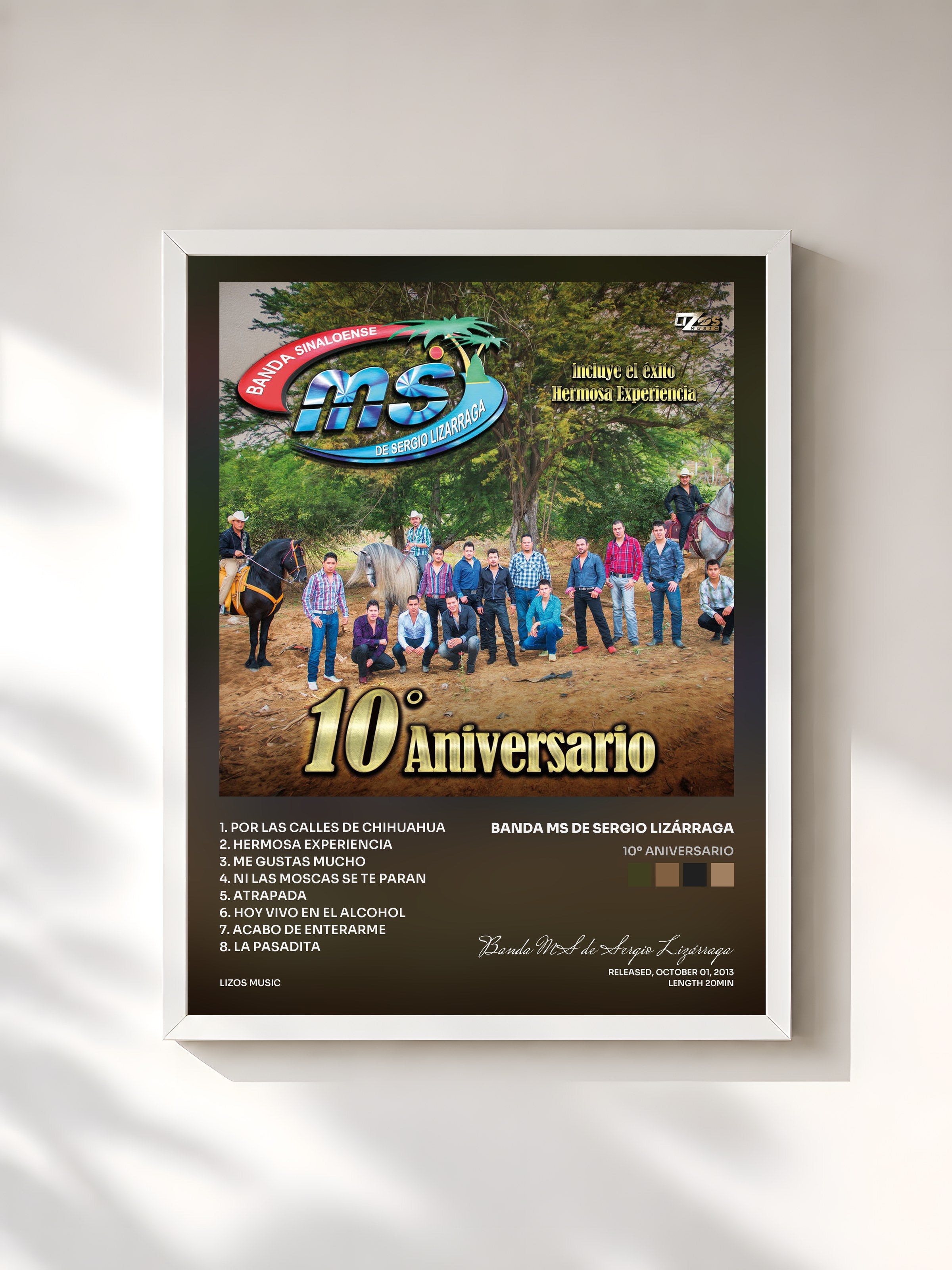 #blanc Tableau de l'album 10º Aniversario de Banda MS de Sergio Lizárraga, cadre blanc, imprimé et encadré en France