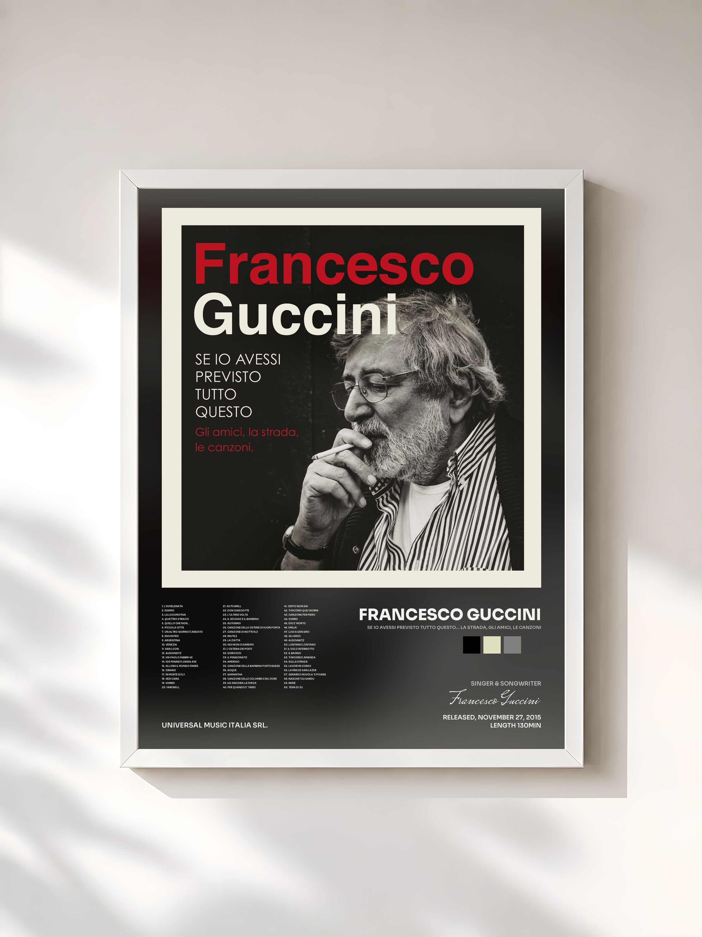 #blanc Tableau de l'album Se Io Avessi Previsto Tutto Questo... La Strada, Gli Amici, Le Canzoni de Francesco Guccini, cadre blanc, imprimé et encadré en France