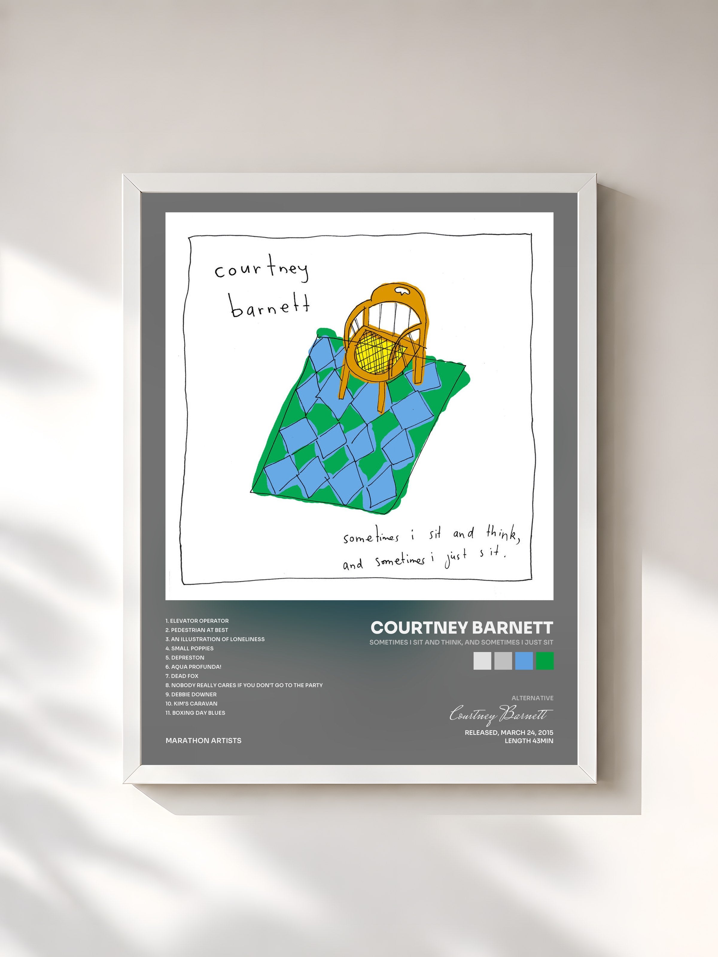 #blanc Tableau de l'album Sometimes I Sit And Think, And Sometimes I Just Sit de Courtney Barnett, cadre blanc, imprimé et encadré en France