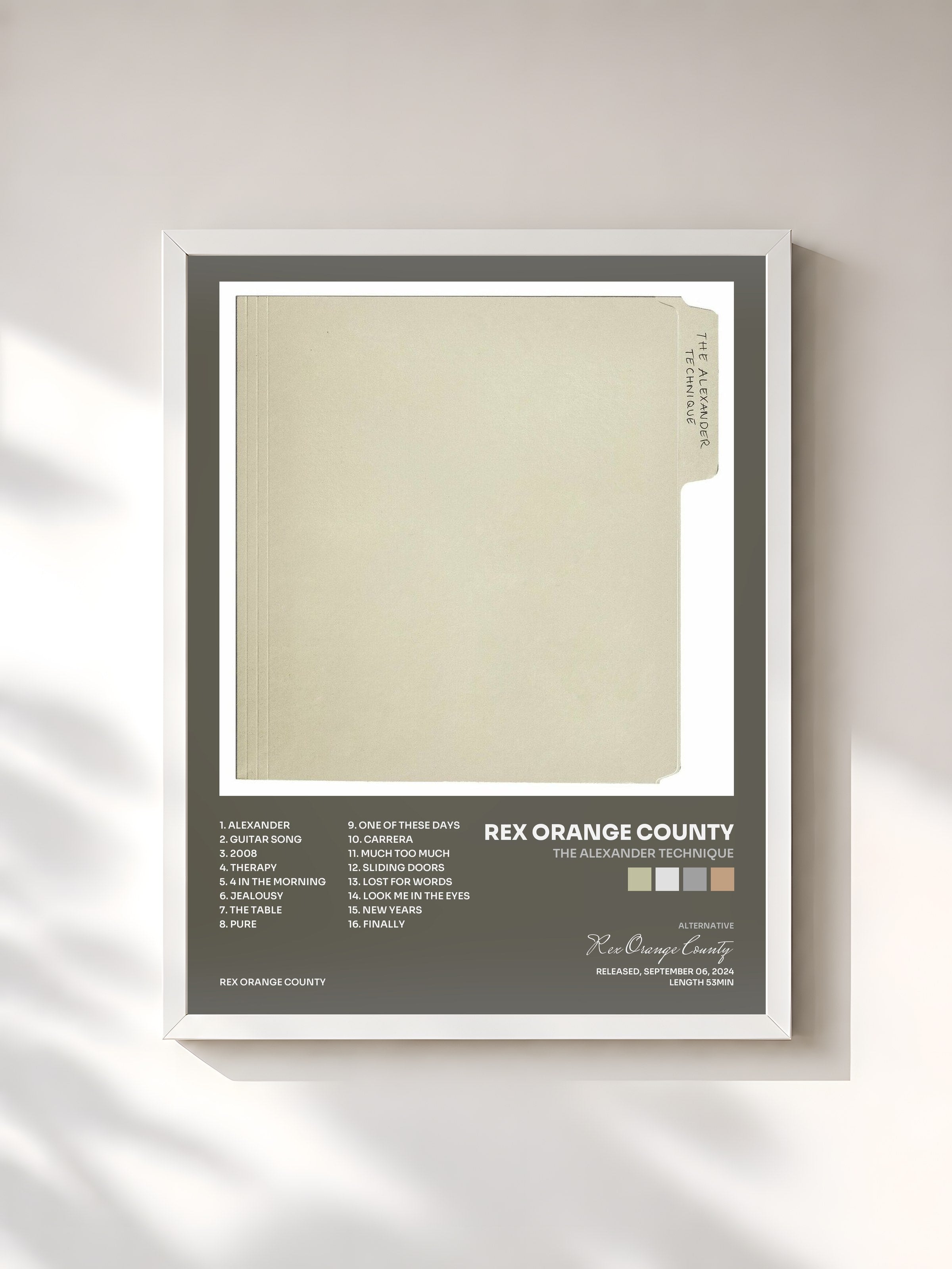 #blanc Tableau de l'album The Alexander Technique de Rex Orange County, cadre blanc, imprimé et encadré en France